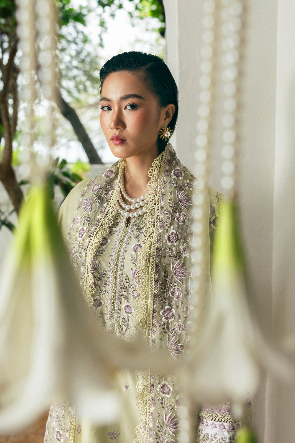 Pakistani Lime Green Embroidered Lawn & Organza Salwar Kameez (3-Piece) - Image 4