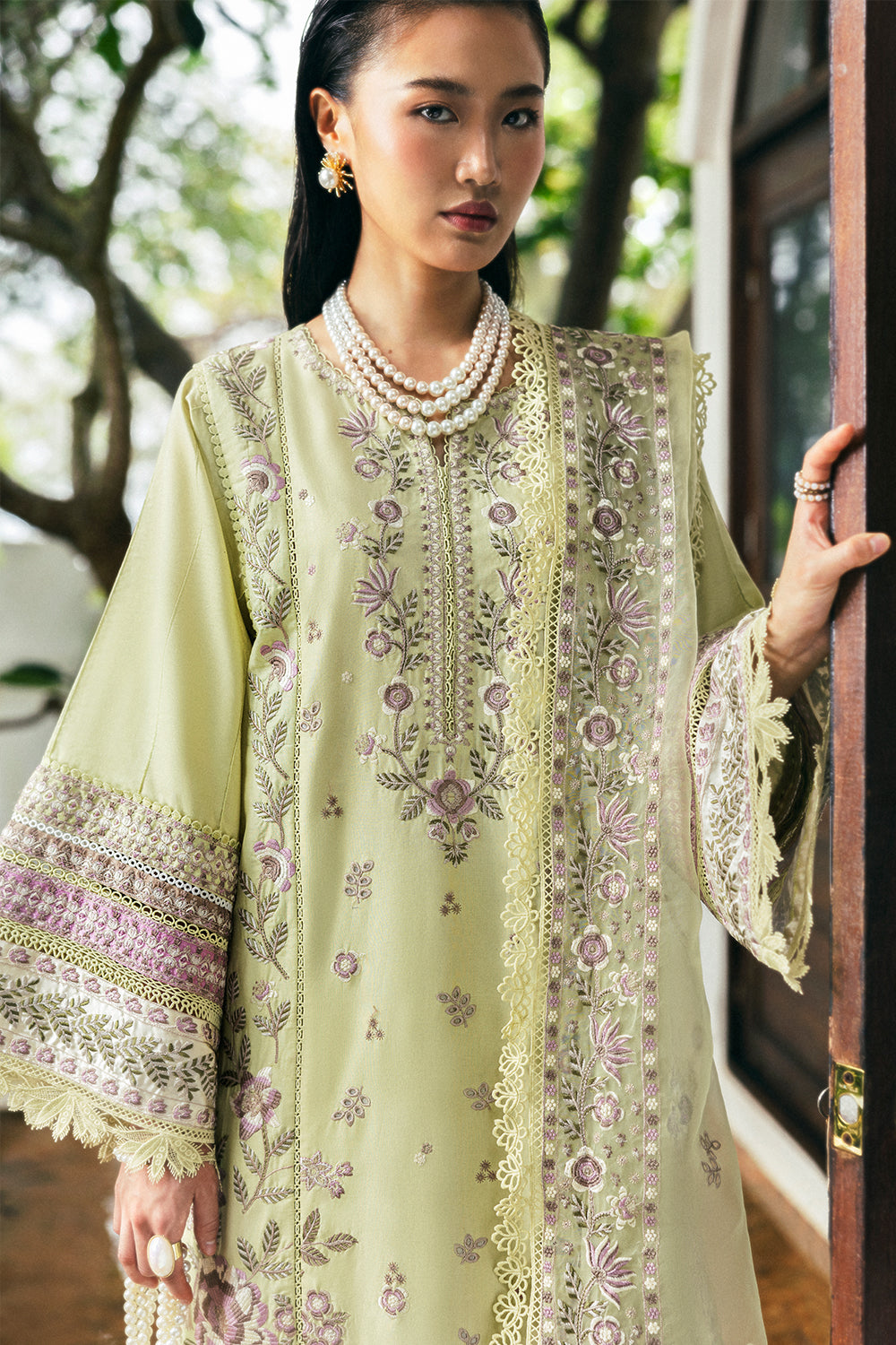Pakistani Lime Green Embroidered Lawn & Organza Salwar Kameez (3-Piece) - Image 5