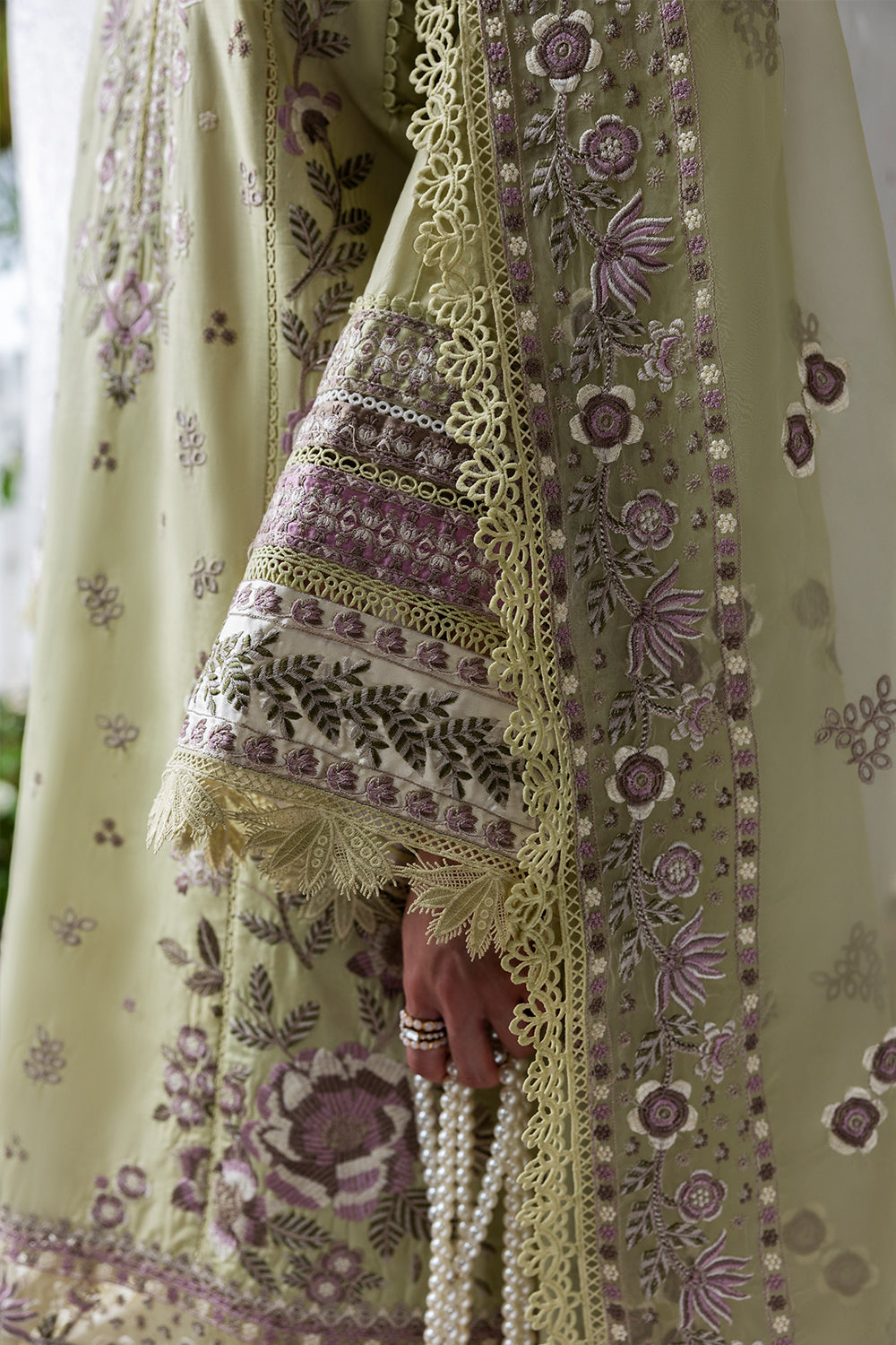 Pakistani Lime Green Embroidered Lawn & Organza Salwar Kameez (3-Piece) - Image 6