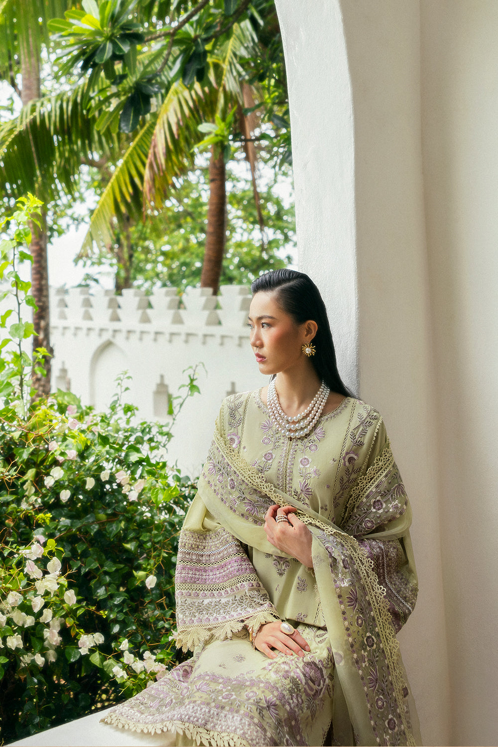 Pakistani Lime Green Embroidered Lawn & Organza Salwar Kameez (3-Piece) - Image 7