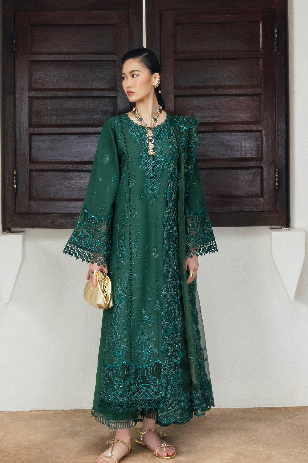 Pakistani Emerald Green Embroidered Lawn & Organza Salwar Kameez (3-Piece) - Image 1