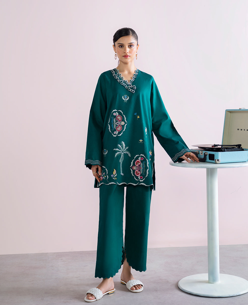 Emerald Green Embroidered Lawn Short Shirt & Trousers (2-Piece) - Image 2