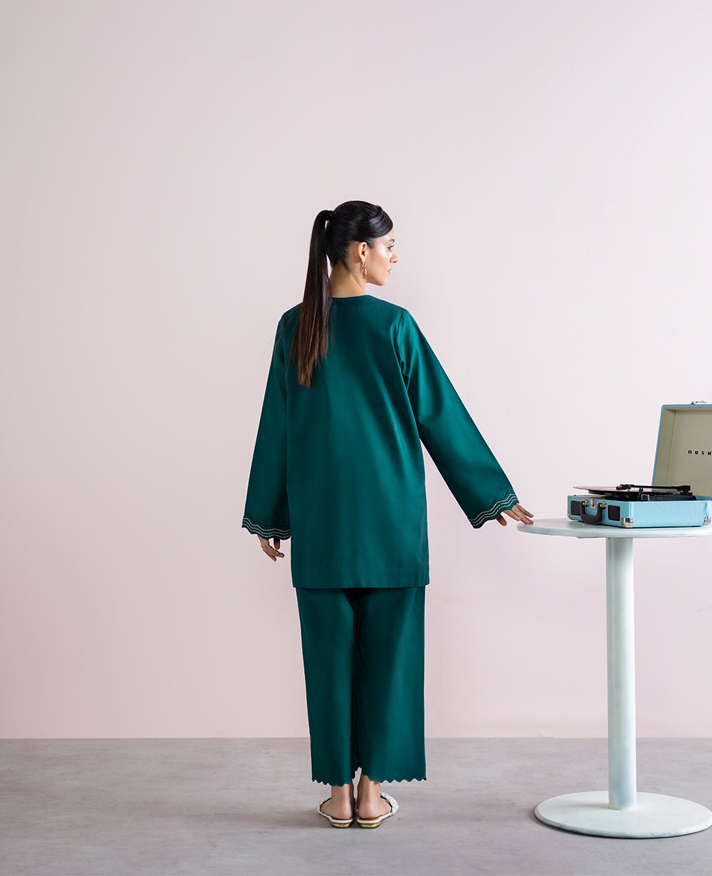 Emerald Green Embroidered Lawn Short Shirt & Trousers (2-Piece) - Image 3