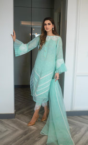 Pakistani Pastel Green Embroidered Lawn & Organza Salwar Kameez (4-Piece) - Image 1