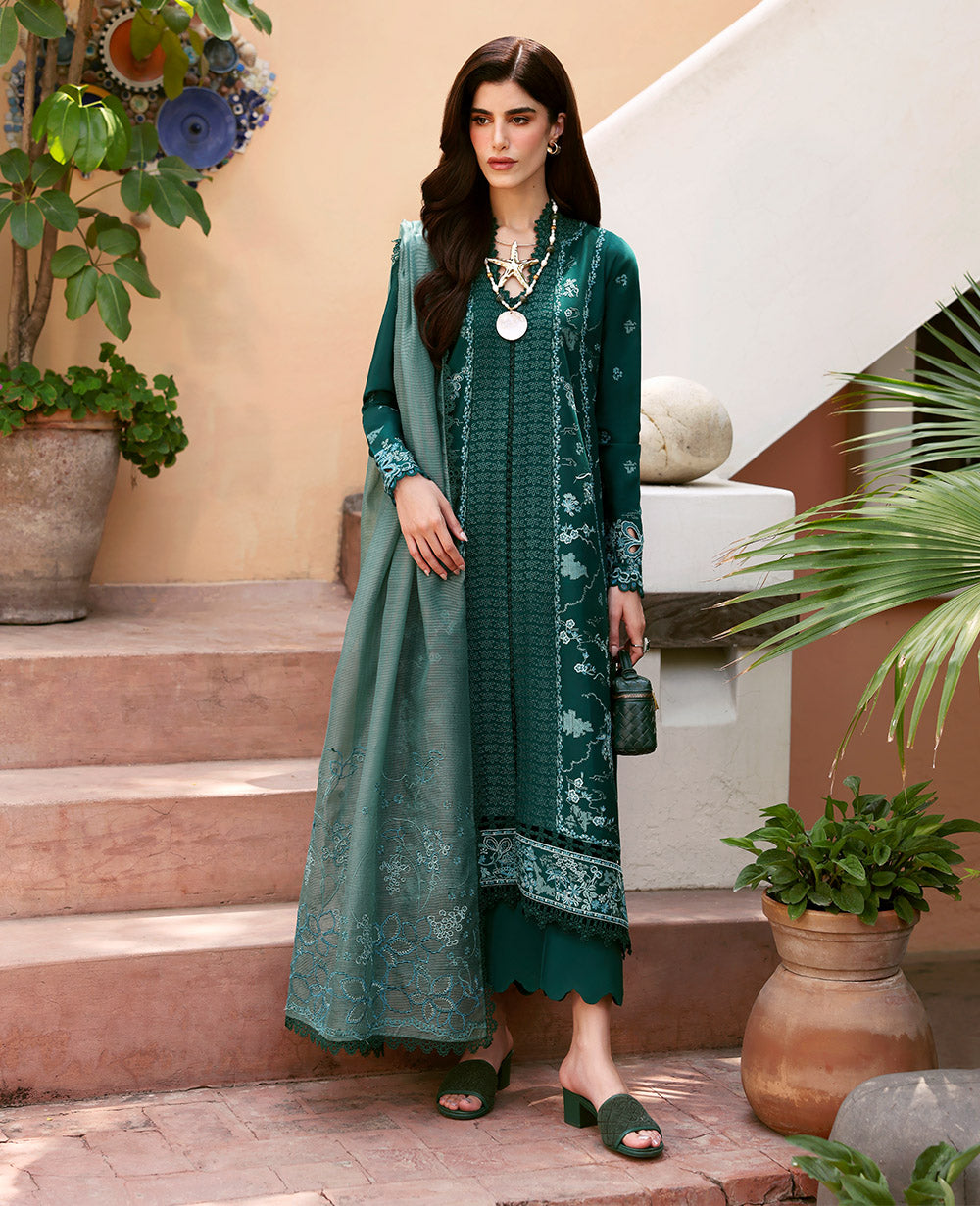 Pakistani Green Schiffli Embroidered Lawn Salwar Kameez (3-Piece) - Image 1