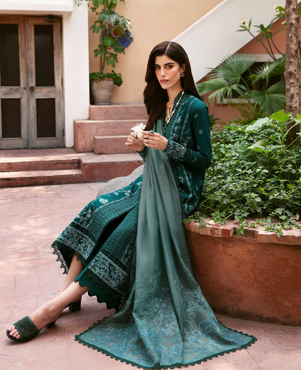 Pakistani Green Schiffli Embroidered Lawn Salwar Kameez (3-Piece) - Image 3