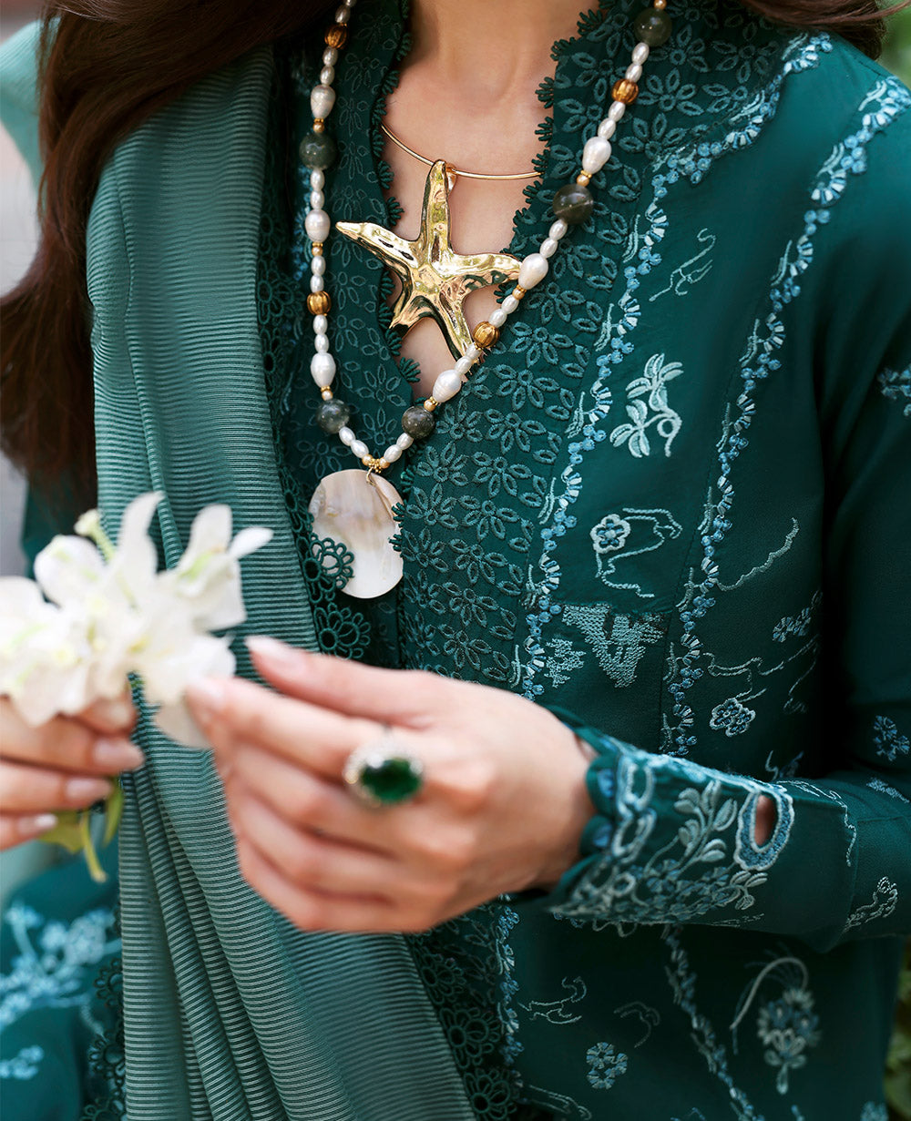 Pakistani Green Schiffli Embroidered Lawn Salwar Kameez (3-Piece) - Image 5