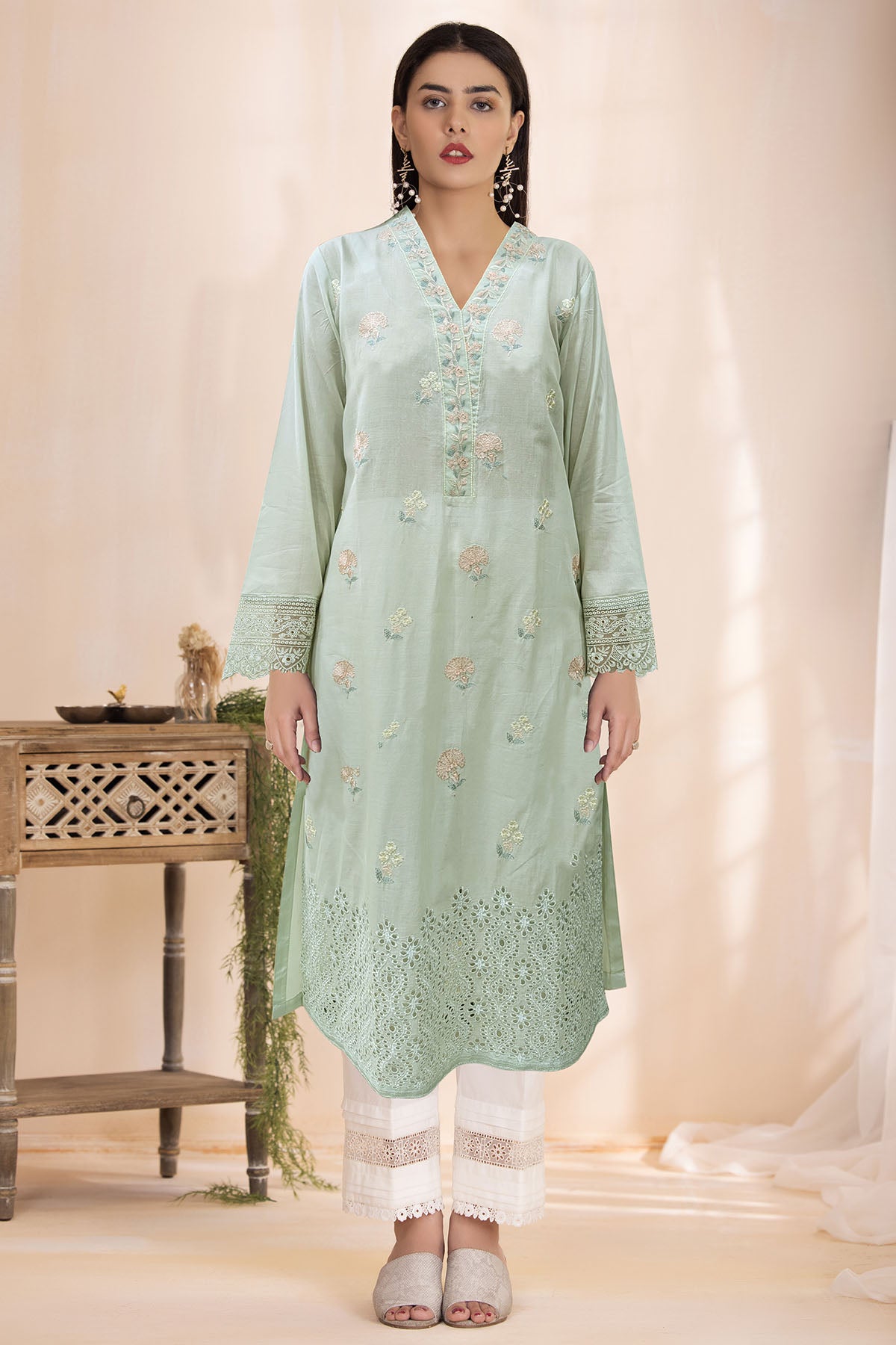 Pakistani Mint Green Schiffli Embroidered Lawn Kameez (2-Piece) - Image 1