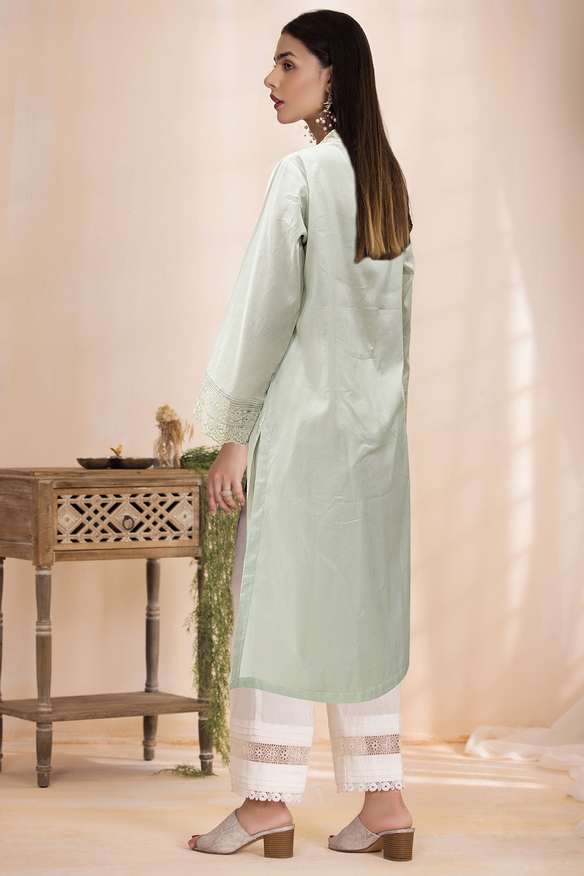 Pakistani Mint Green Schiffli Embroidered Lawn Kameez (2-Piece) - Image 2