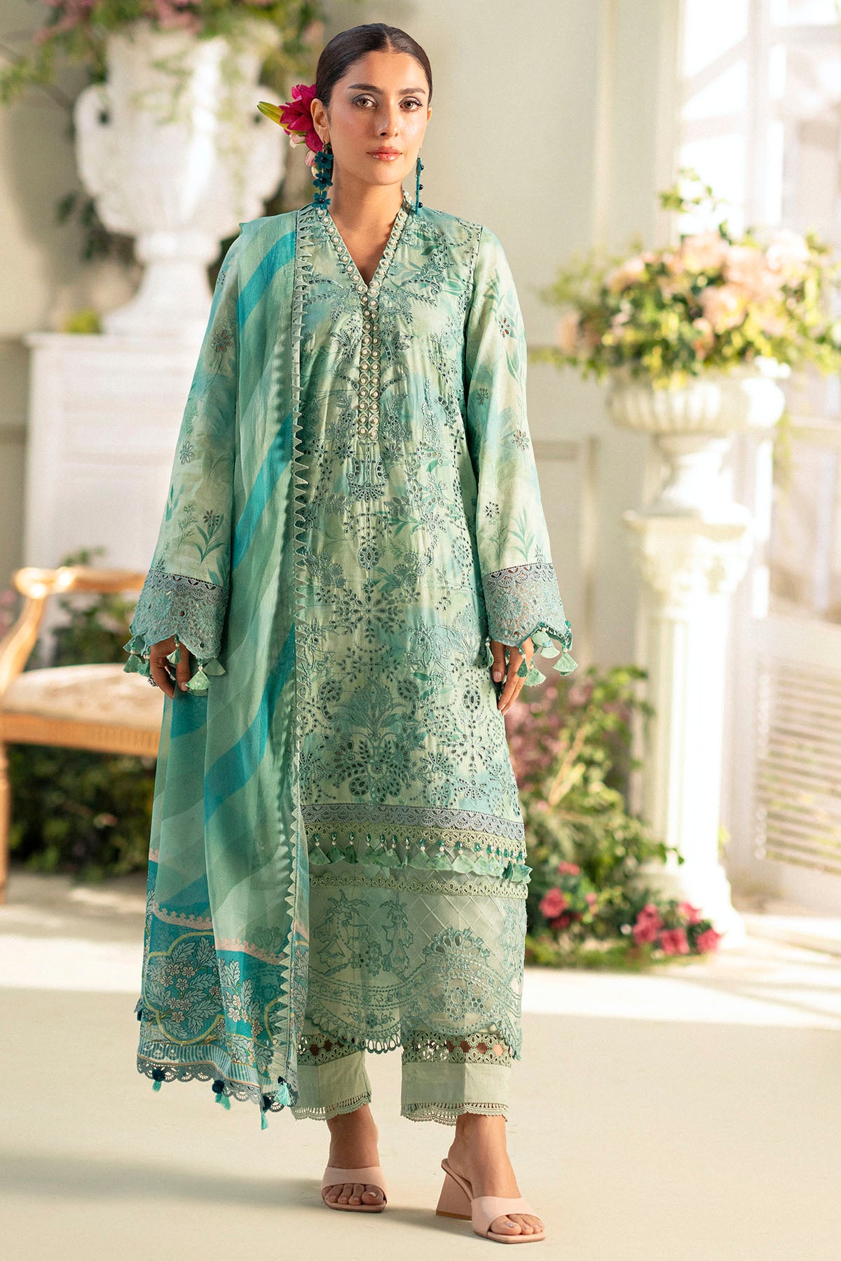 Seafoam Schiffli Embroidered Lawn 3-Piece Suit - Image 1