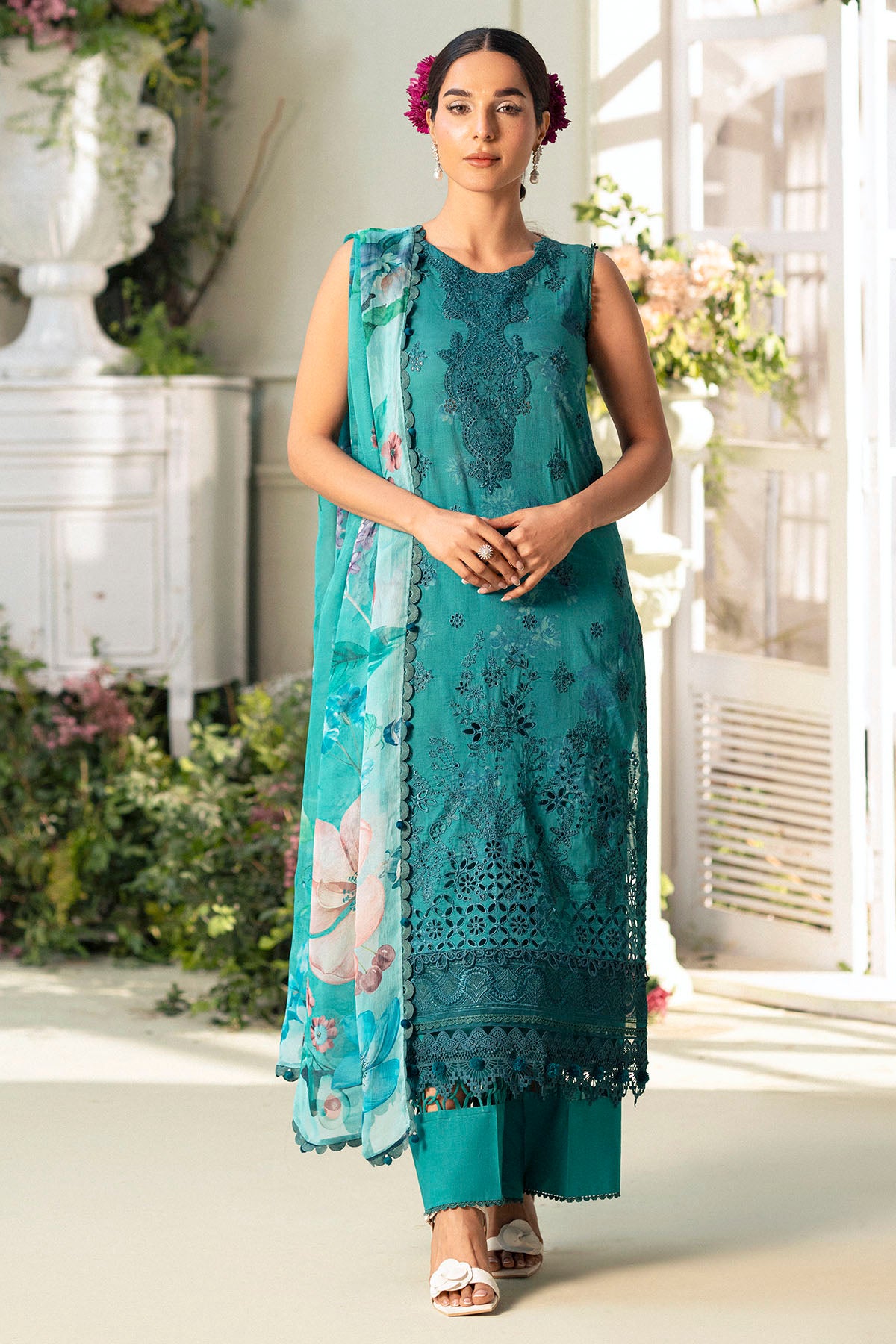 Teal Schiffli Embroidered Lawn 3-Piece Suit - Image 1