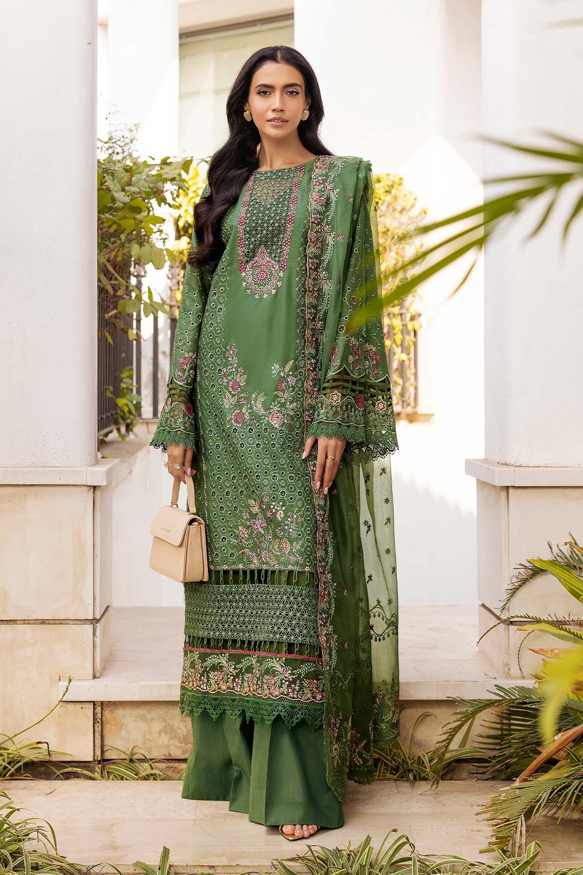 Pakistani Green Schiffli Embroidered Lawn 3-Piece Suit - Image 1