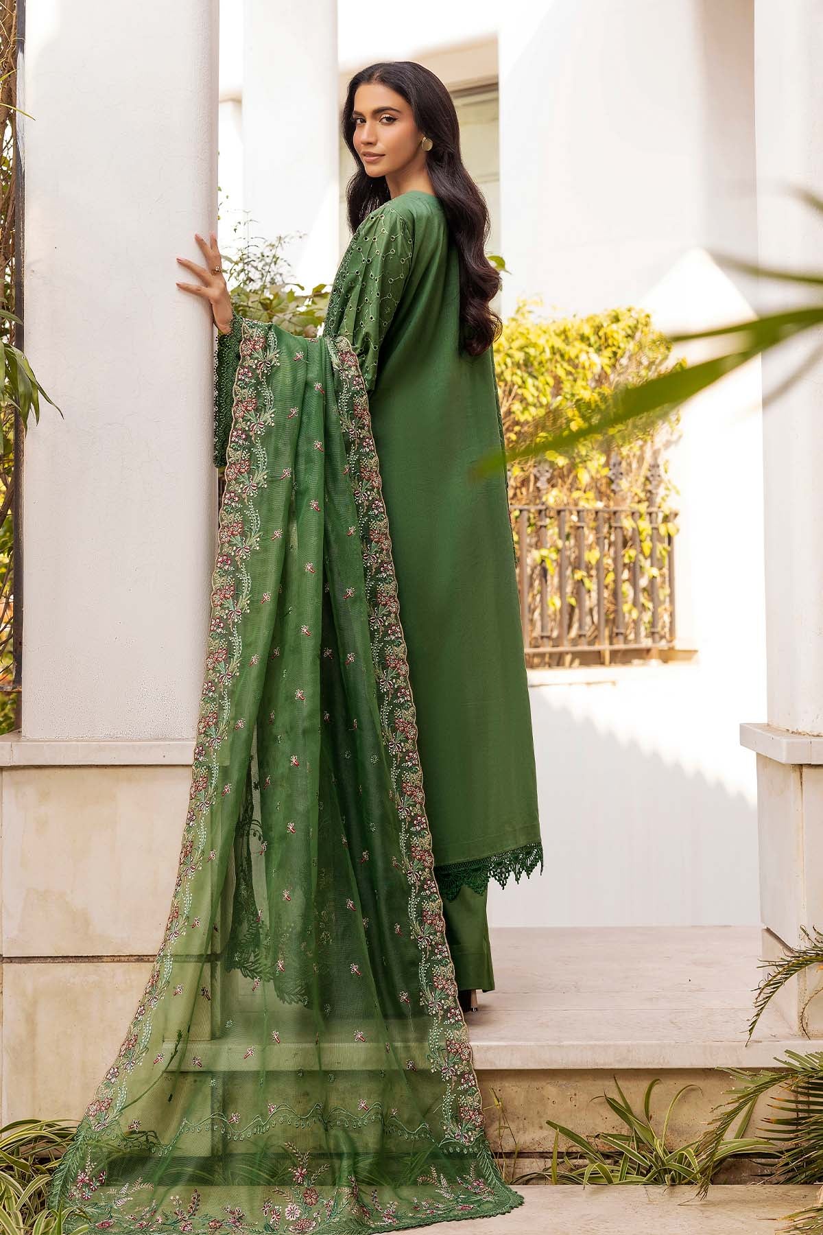 Pakistani Green Schiffli Embroidered Lawn 3-Piece Suit - Image 2