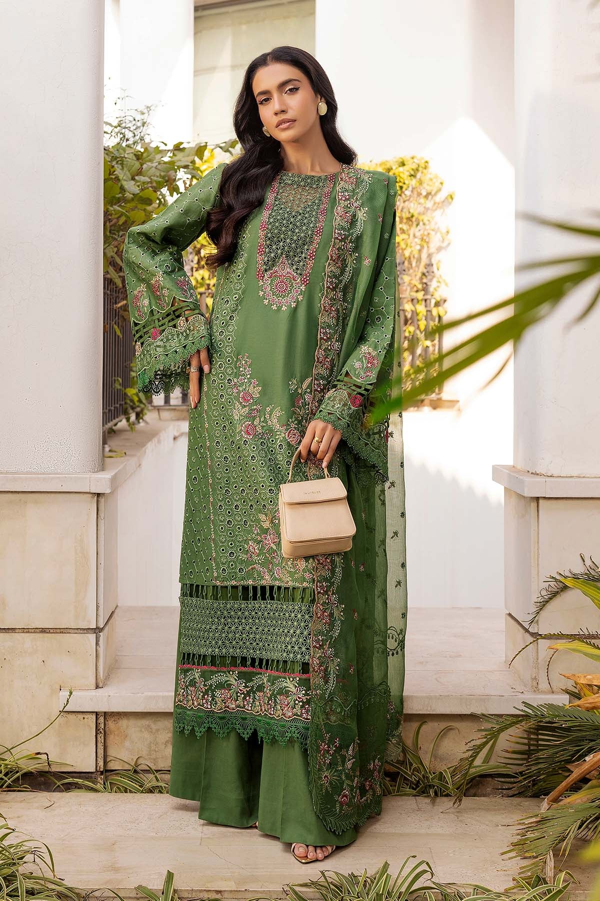 Pakistani Green Schiffli Embroidered Lawn 3-Piece Suit - Image 3