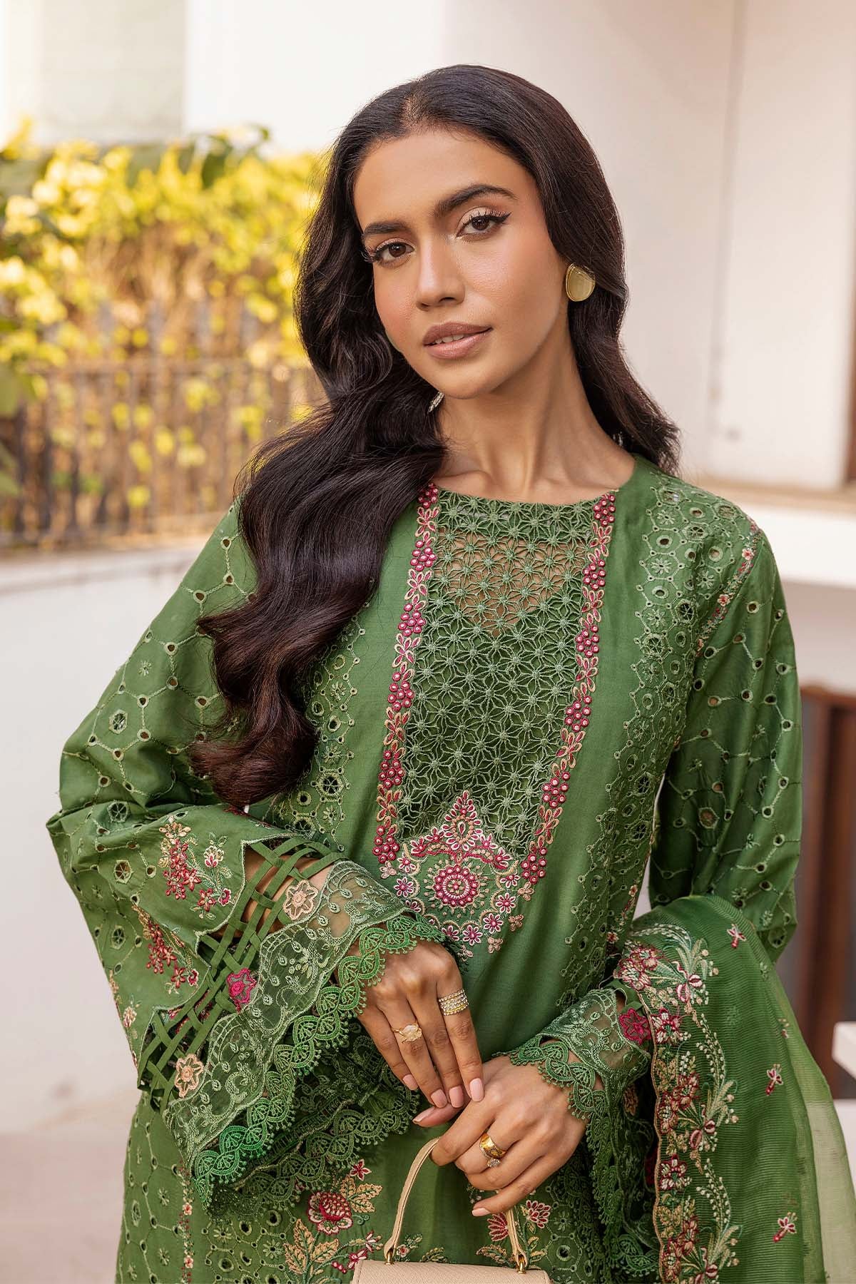 Pakistani Green Schiffli Embroidered Lawn 3-Piece Suit - Image 5
