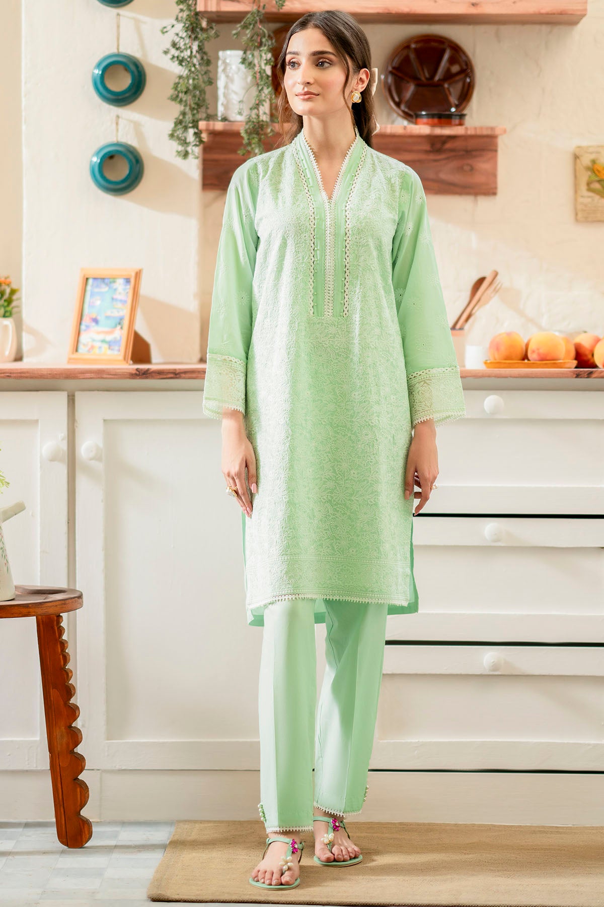 Mint Green Schiffli Embroidered Cambric Lawn Salwar Kameez (2-Piece) - Image 2