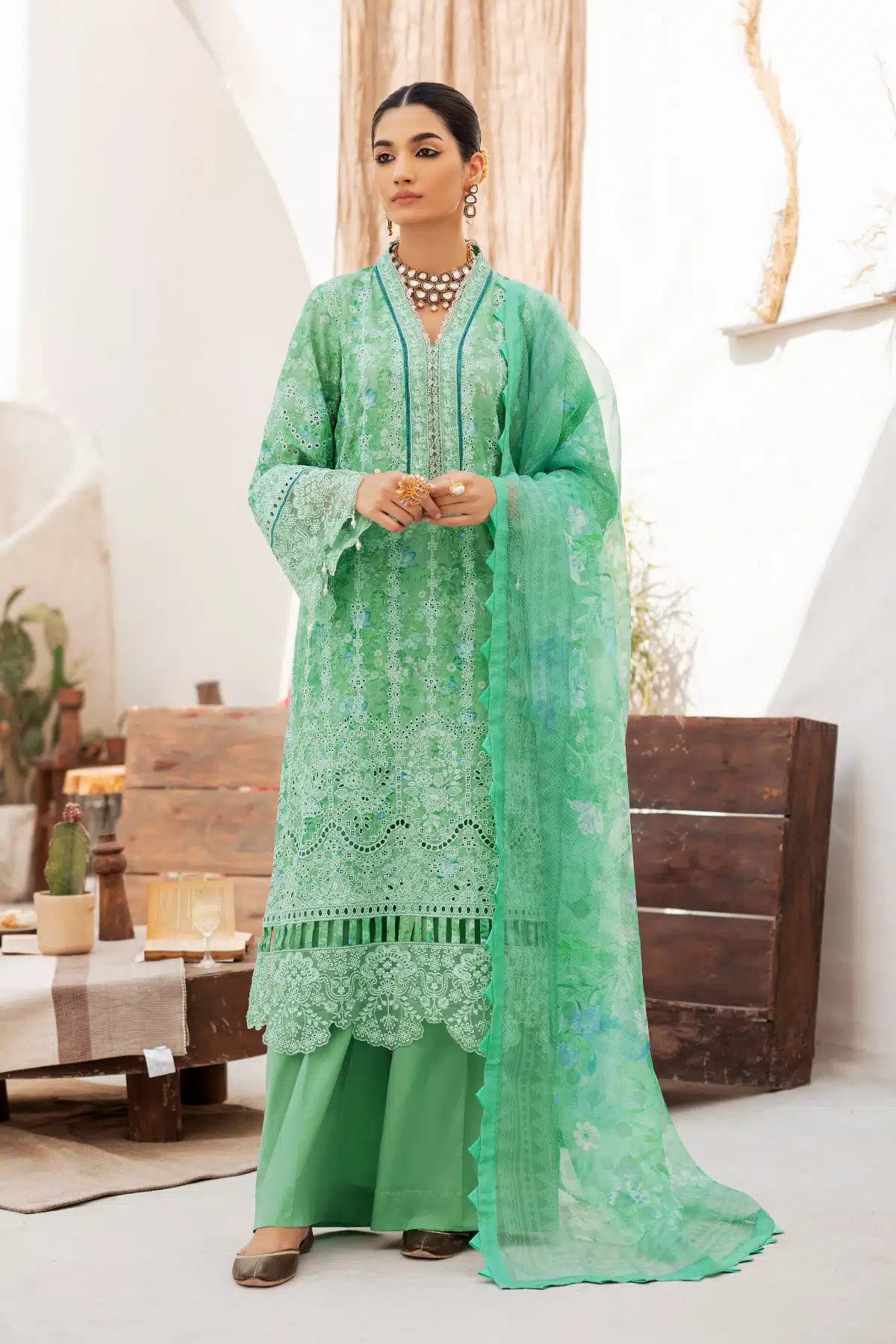 Pakistani Mint Green Schiffli Embroidered Lawn 3-Piece Suit - Image 1