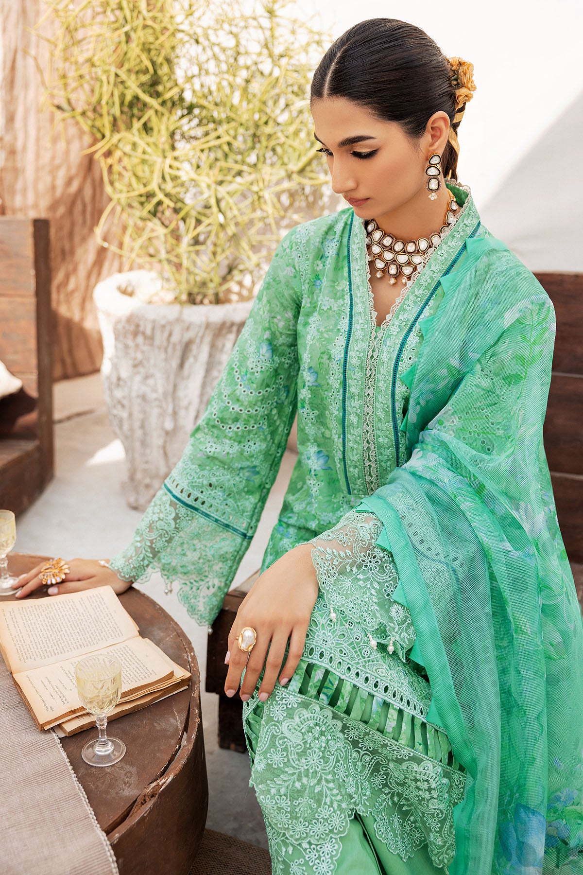 Pakistani Mint Green Schiffli Embroidered Lawn 3-Piece Suit - Image 10
