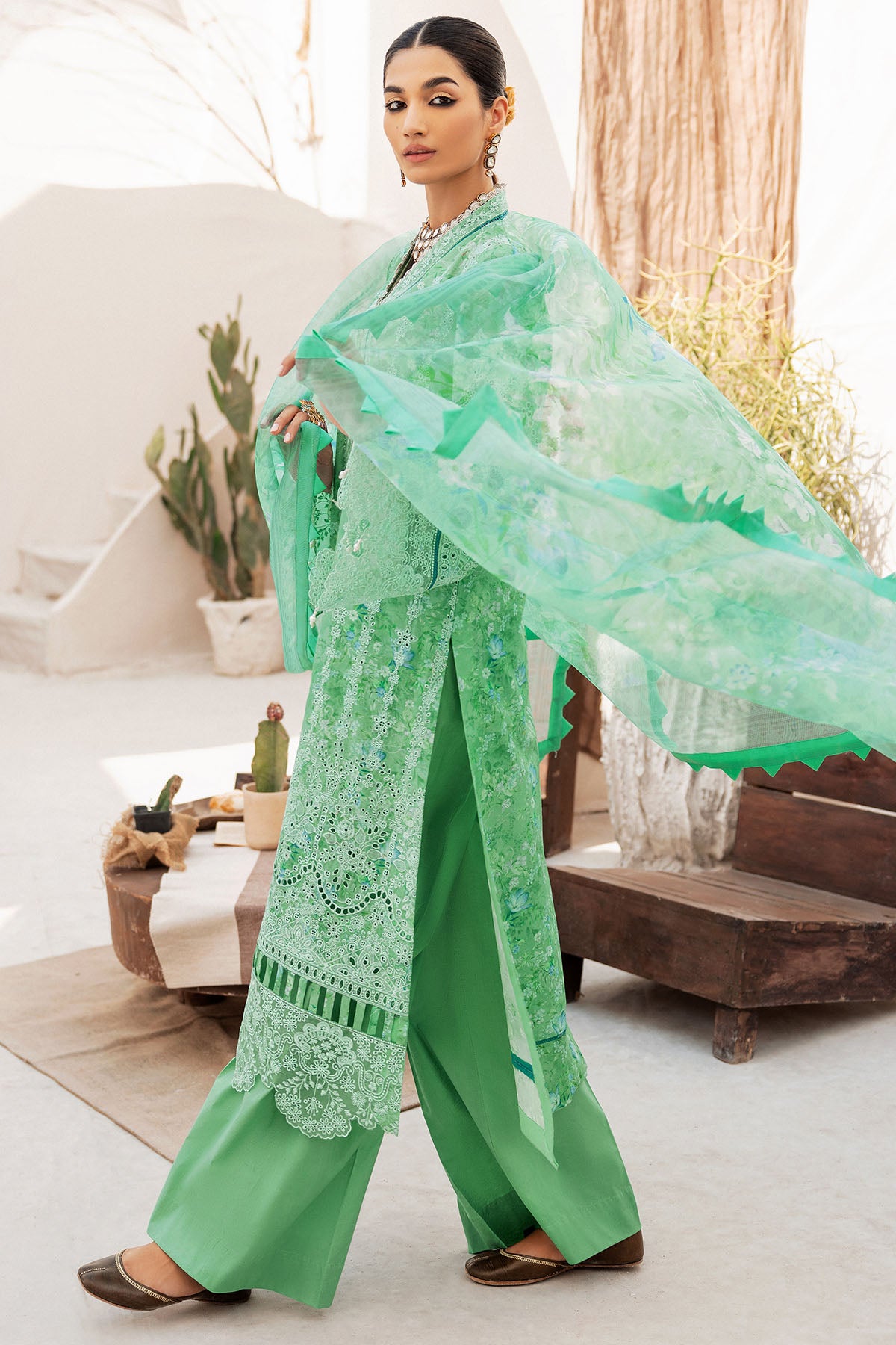 Pakistani Mint Green Schiffli Embroidered Lawn 3-Piece Suit - Image 2