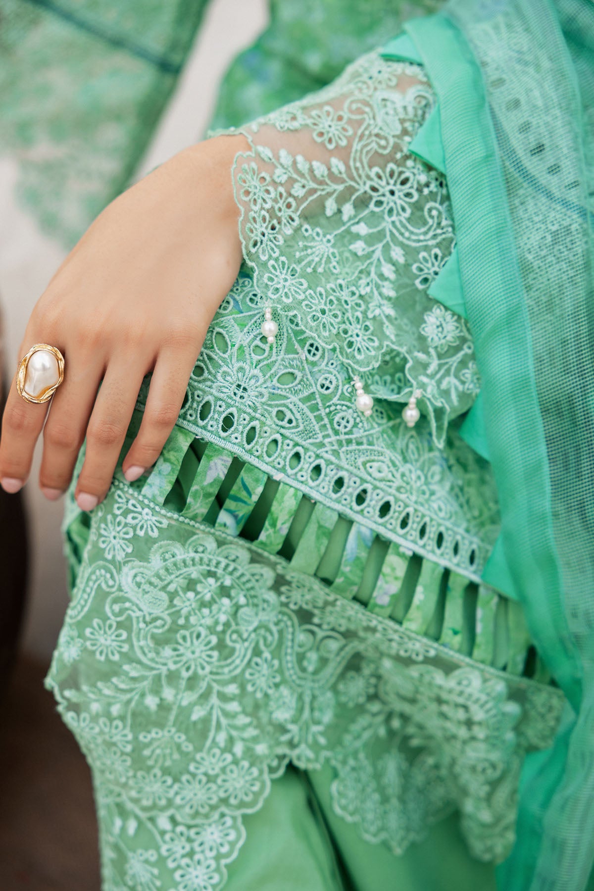 Pakistani Mint Green Schiffli Embroidered Lawn 3-Piece Suit - Image 3