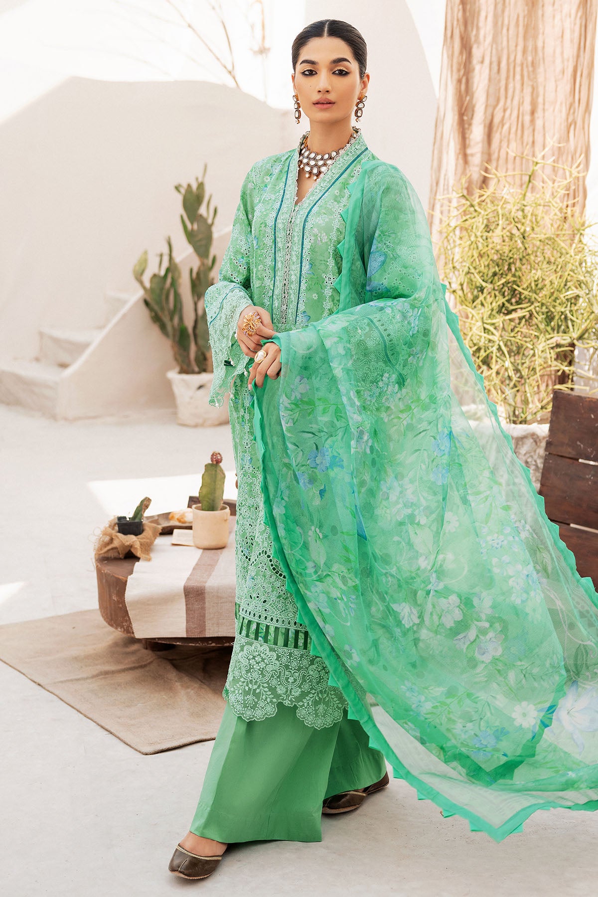 Pakistani Mint Green Schiffli Embroidered Lawn 3-Piece Suit - Image 4