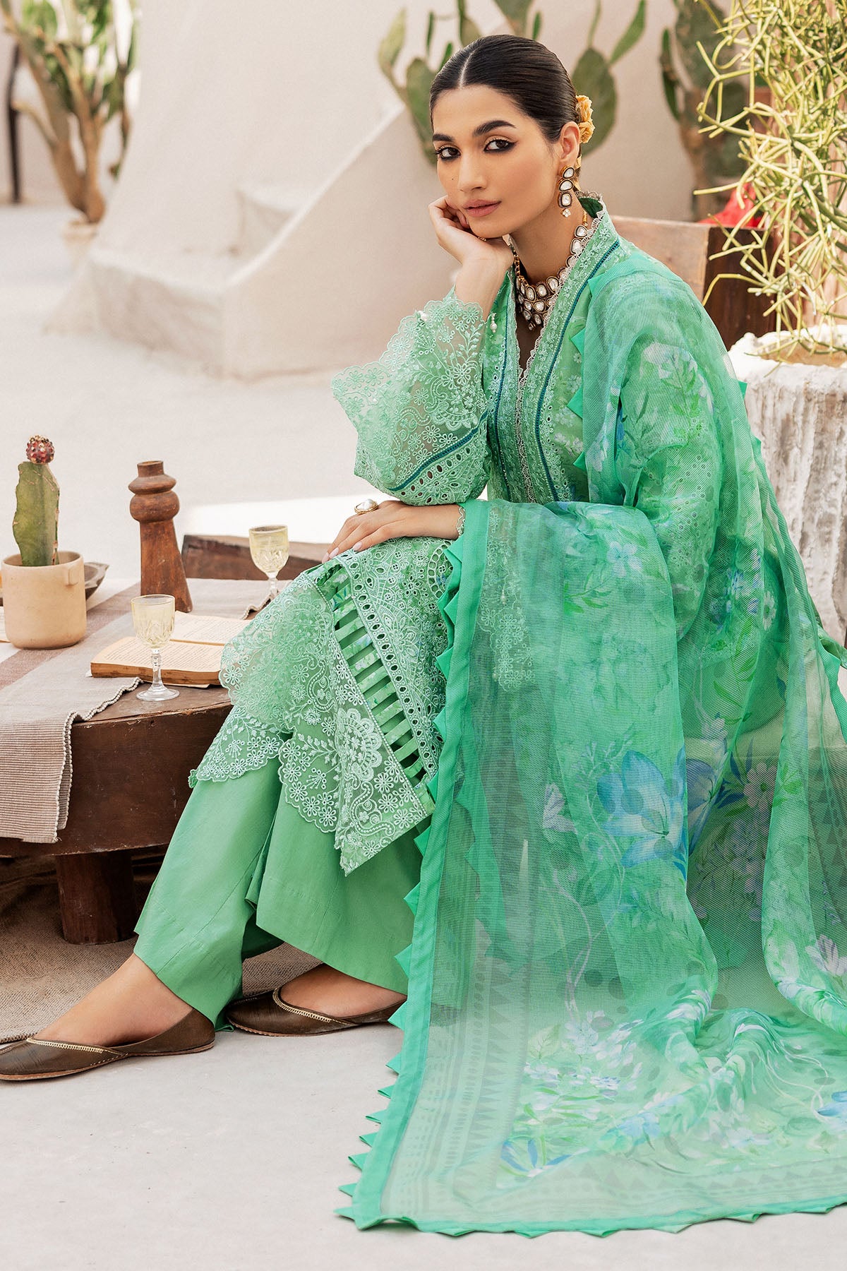 Pakistani Mint Green Schiffli Embroidered Lawn 3-Piece Suit - Image 5
