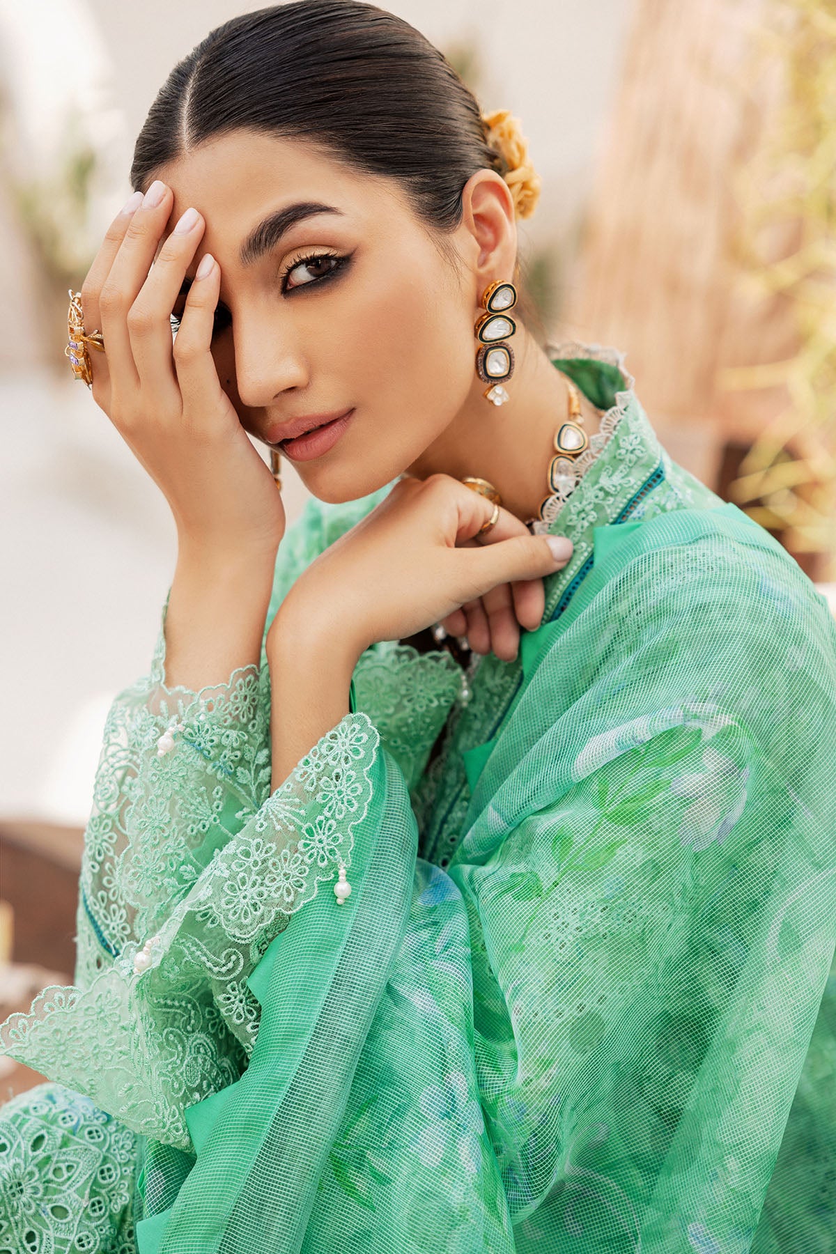 Pakistani Mint Green Schiffli Embroidered Lawn 3-Piece Suit - Image 6
