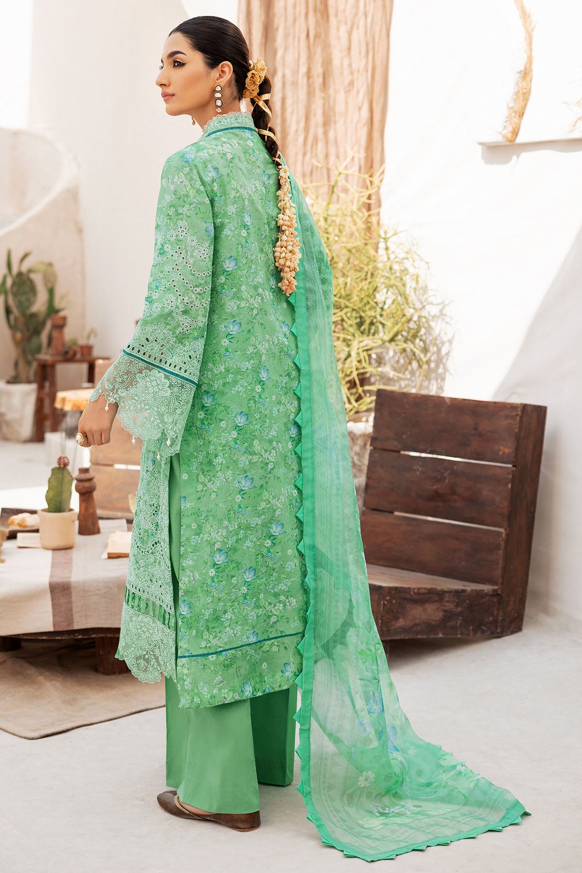 Pakistani Mint Green Schiffli Embroidered Lawn 3-Piece Suit - Image 7
