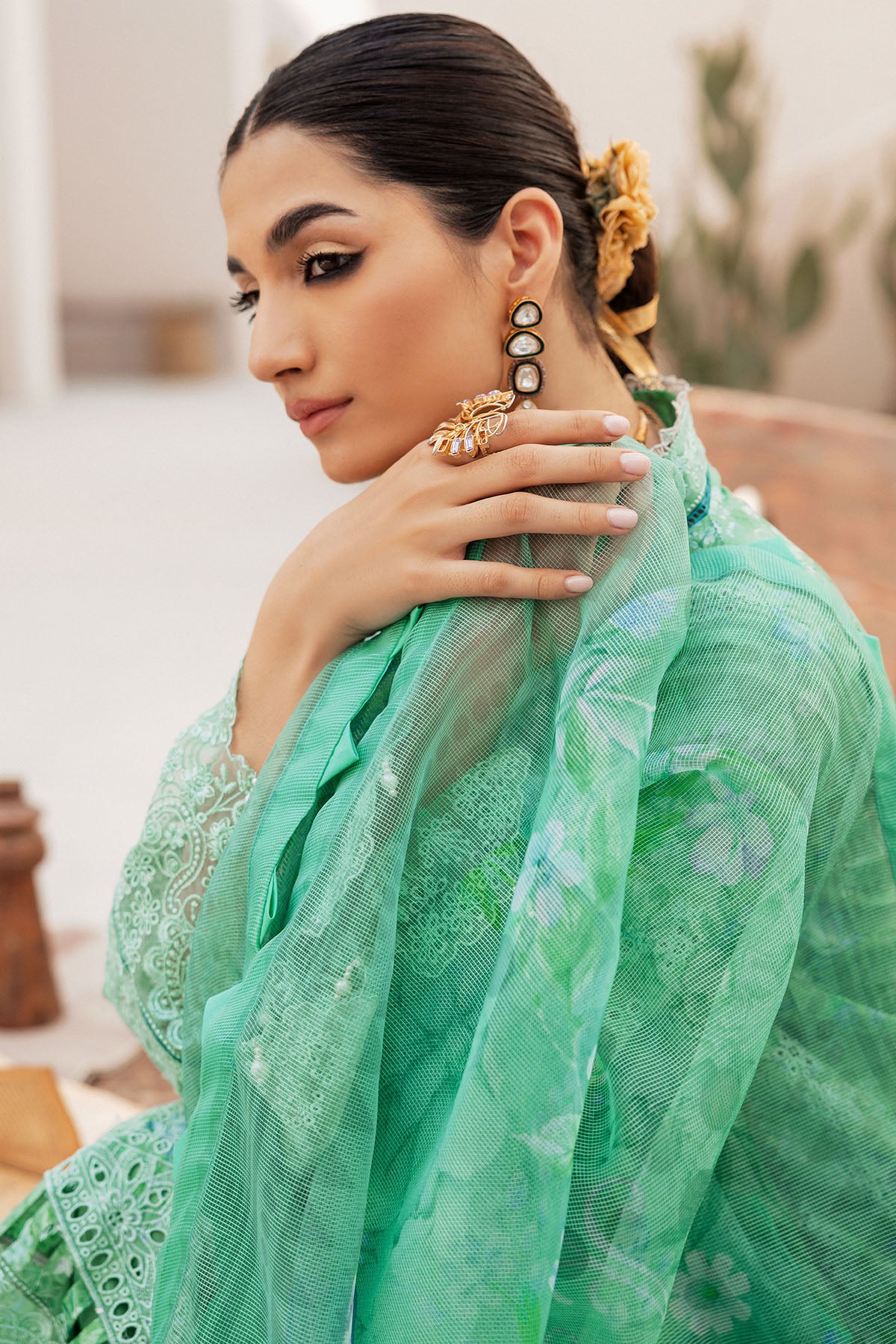 Pakistani Mint Green Schiffli Embroidered Lawn 3-Piece Suit - Image 8