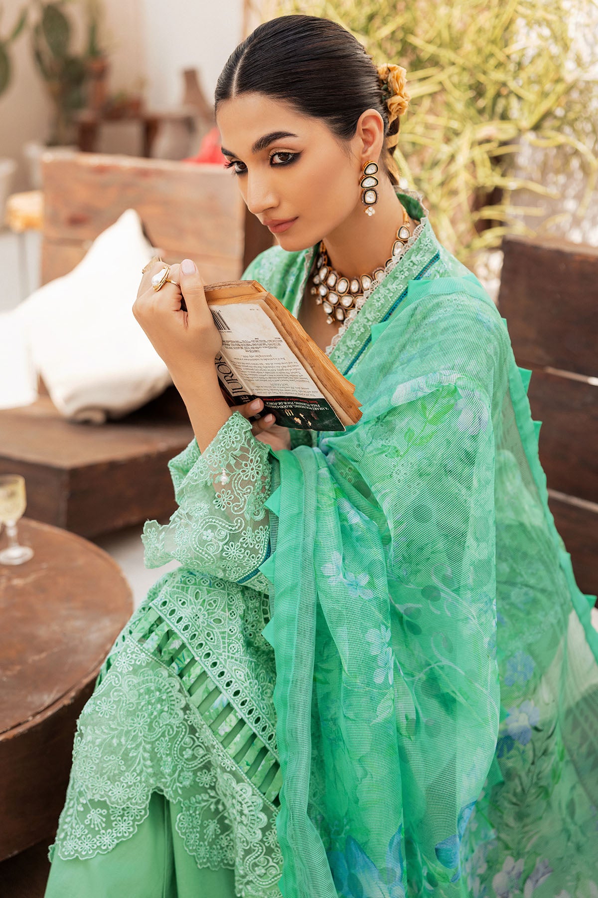 Pakistani Mint Green Schiffli Embroidered Lawn 3-Piece Suit - Image 9
