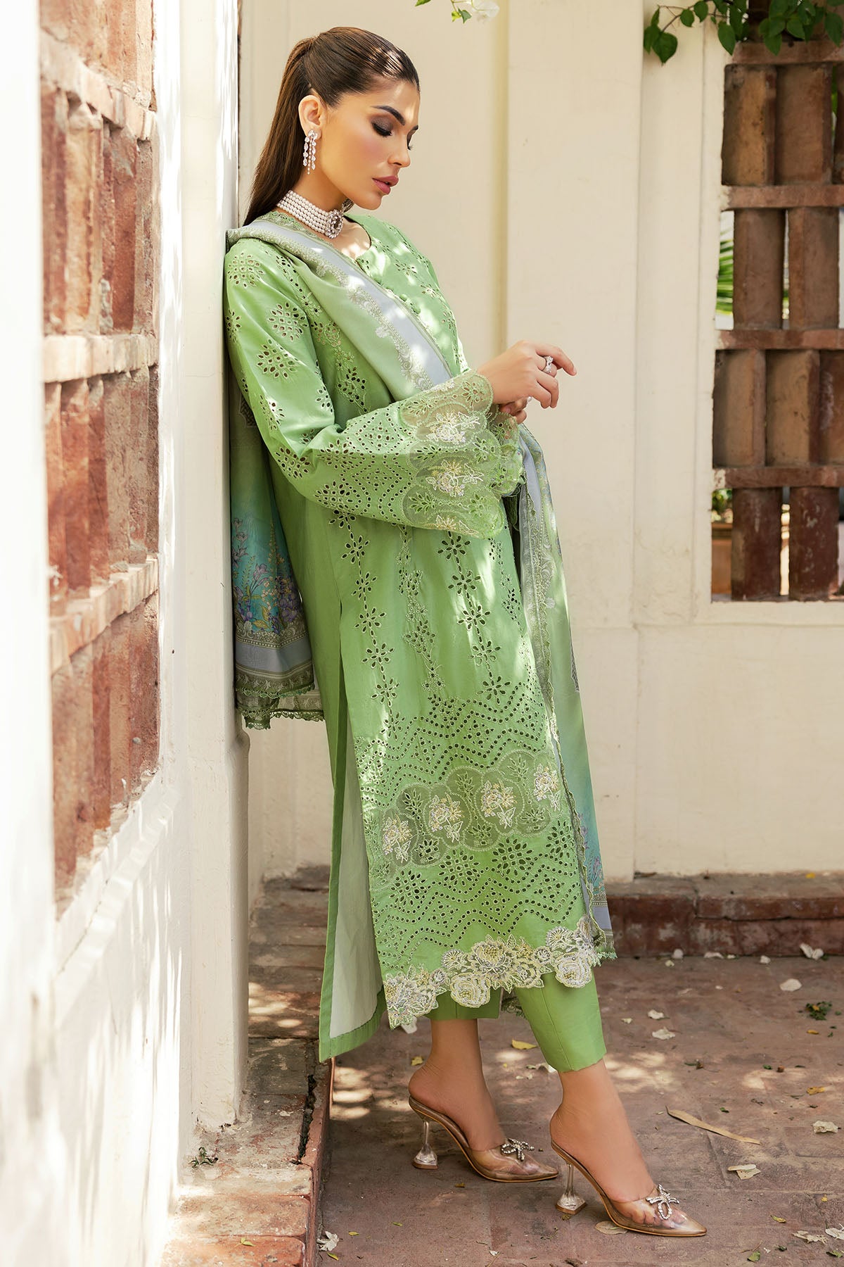 Pakistani Pastel Green Schiffli Embroidered Lawn 3-Piece Suit - Image 2