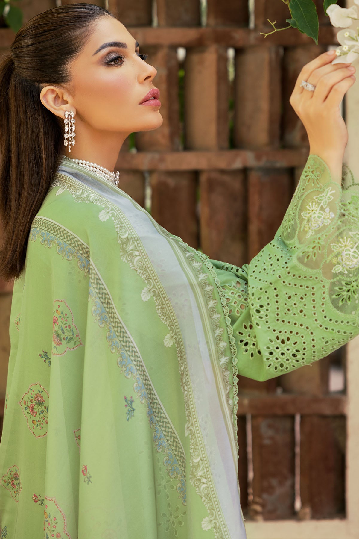 Pakistani Pastel Green Schiffli Embroidered Lawn 3-Piece Suit - Image 4