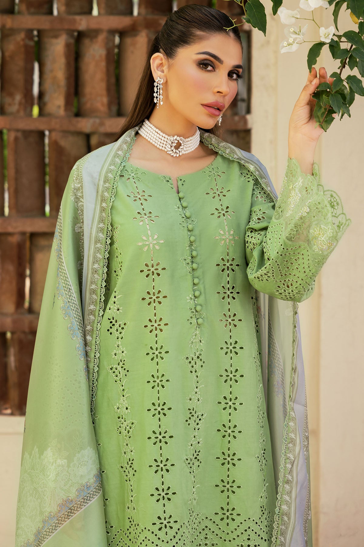 Pakistani Pastel Green Schiffli Embroidered Lawn 3-Piece Suit - Image 5