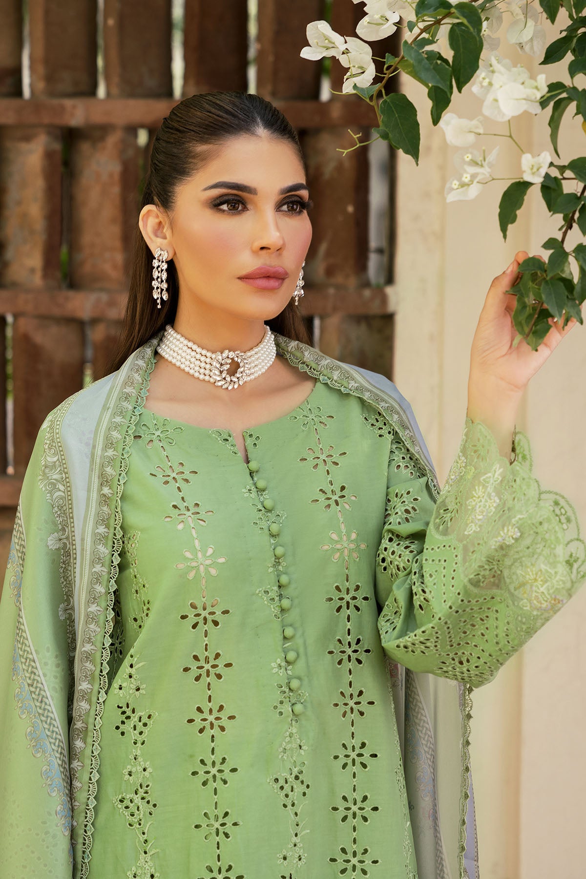 Pakistani Pastel Green Schiffli Embroidered Lawn 3-Piece Suit - Image 6