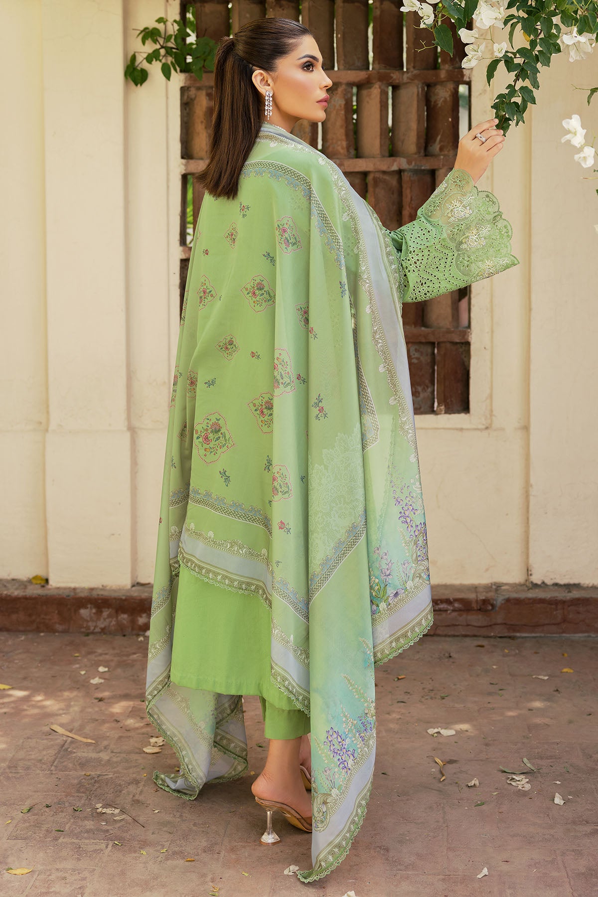Pakistani Pastel Green Schiffli Embroidered Lawn 3-Piece Suit - Image 7