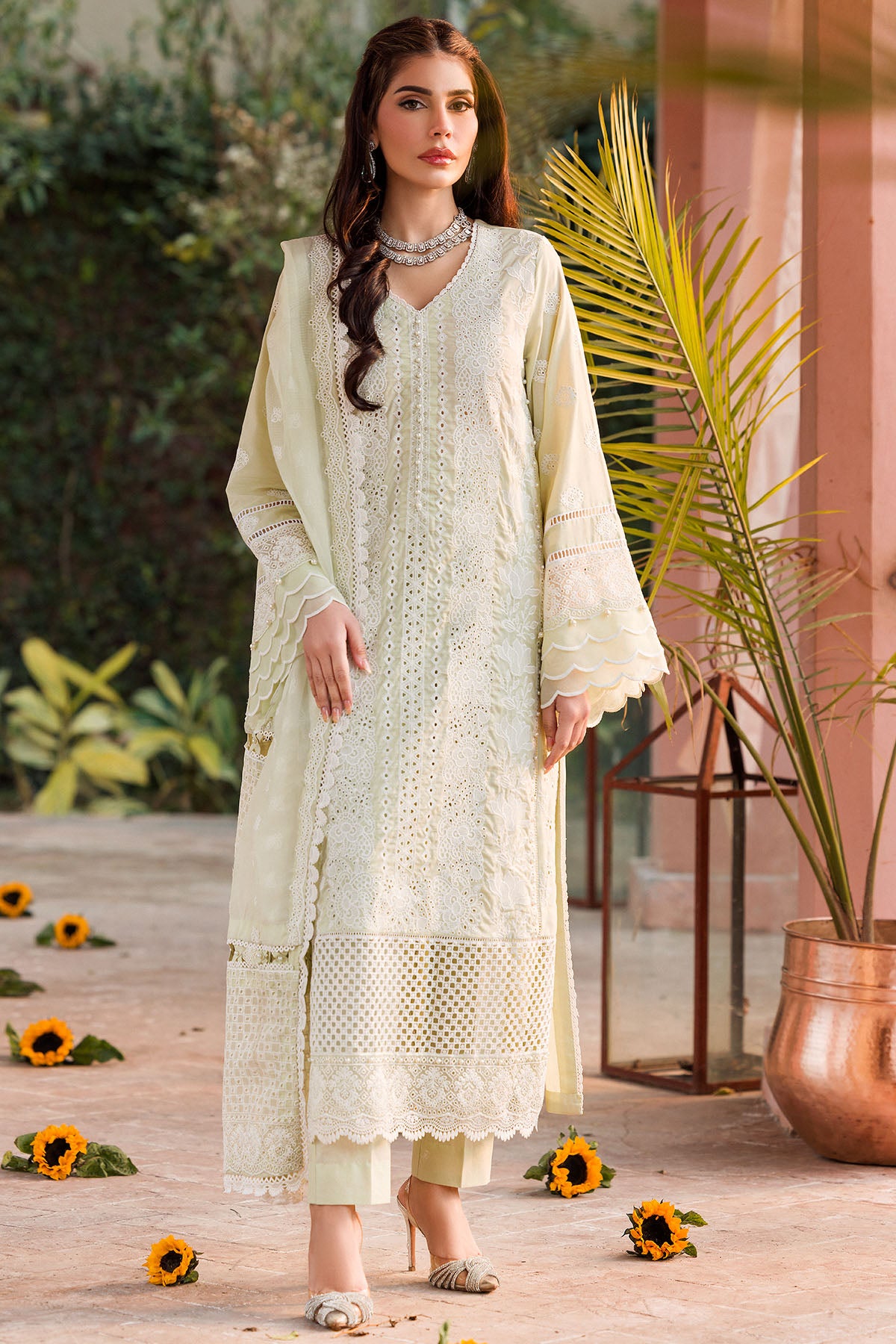 Pakistani Pistachio Schiffli Embroidered Lawn 3-Piece Suit - Image 1