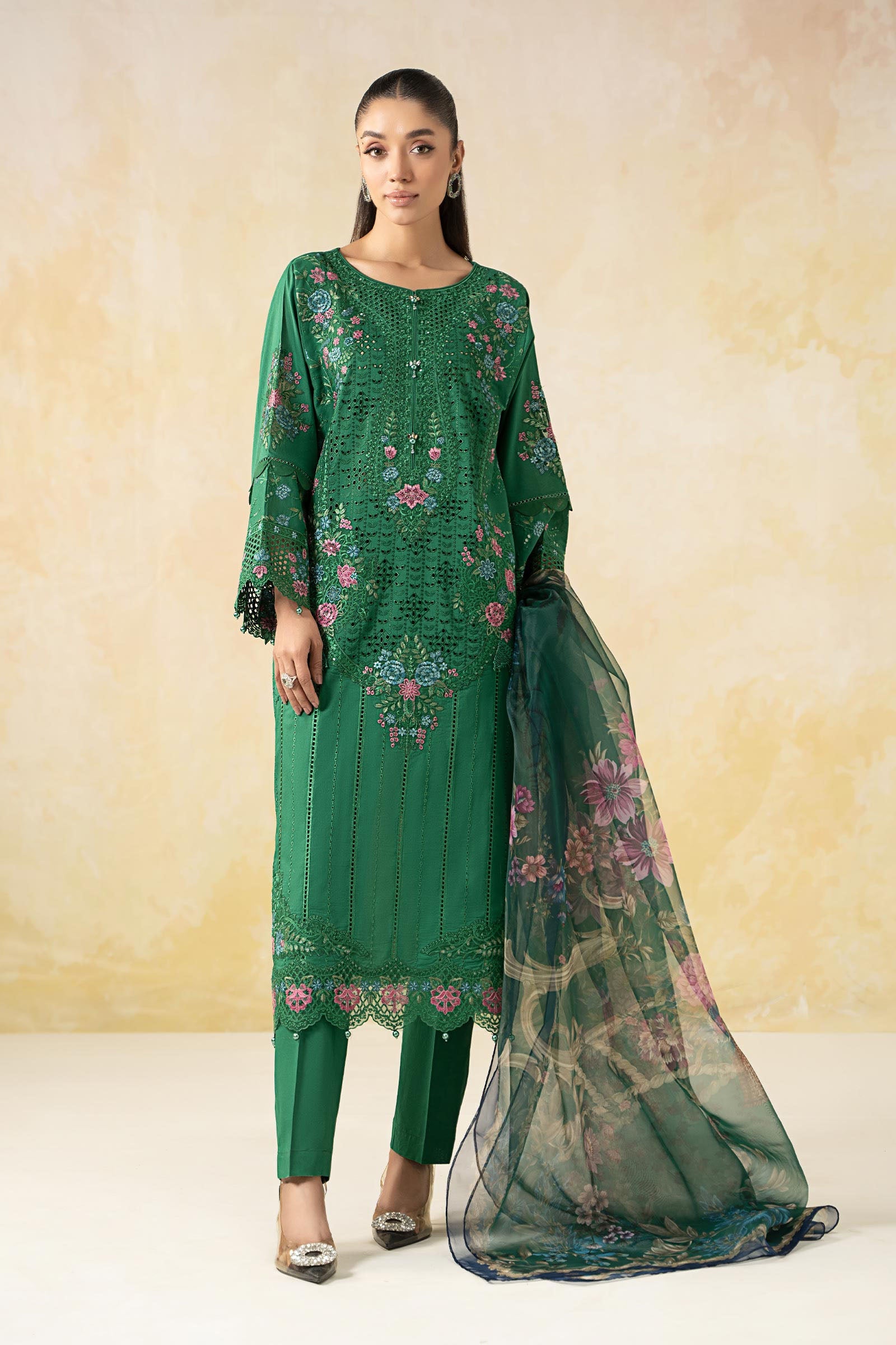 Pakistani Green Embroidered Lawn 3-Piece Suit - Image 1