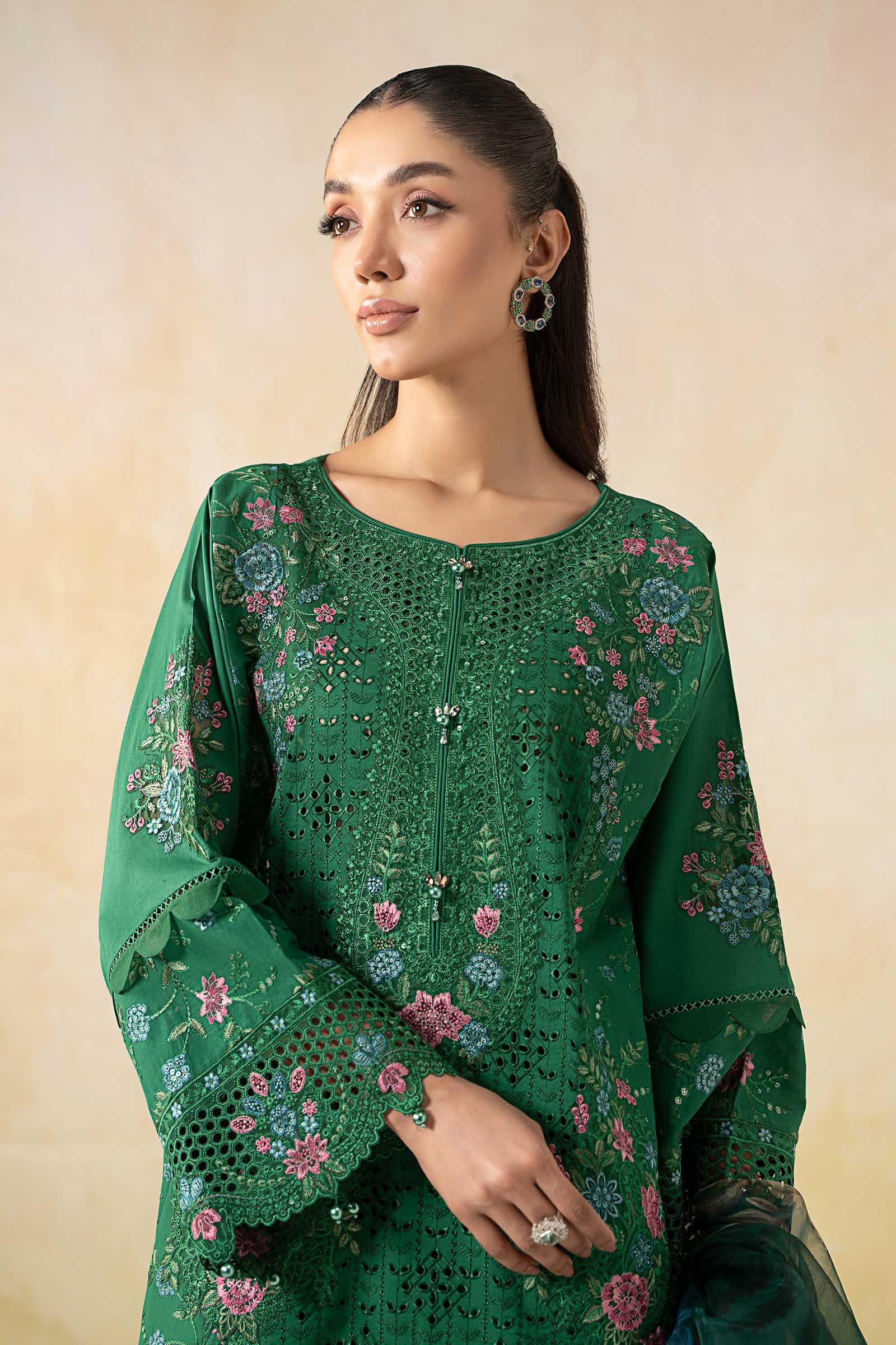 Pakistani Green Embroidered Lawn 3-Piece Suit - Image 2
