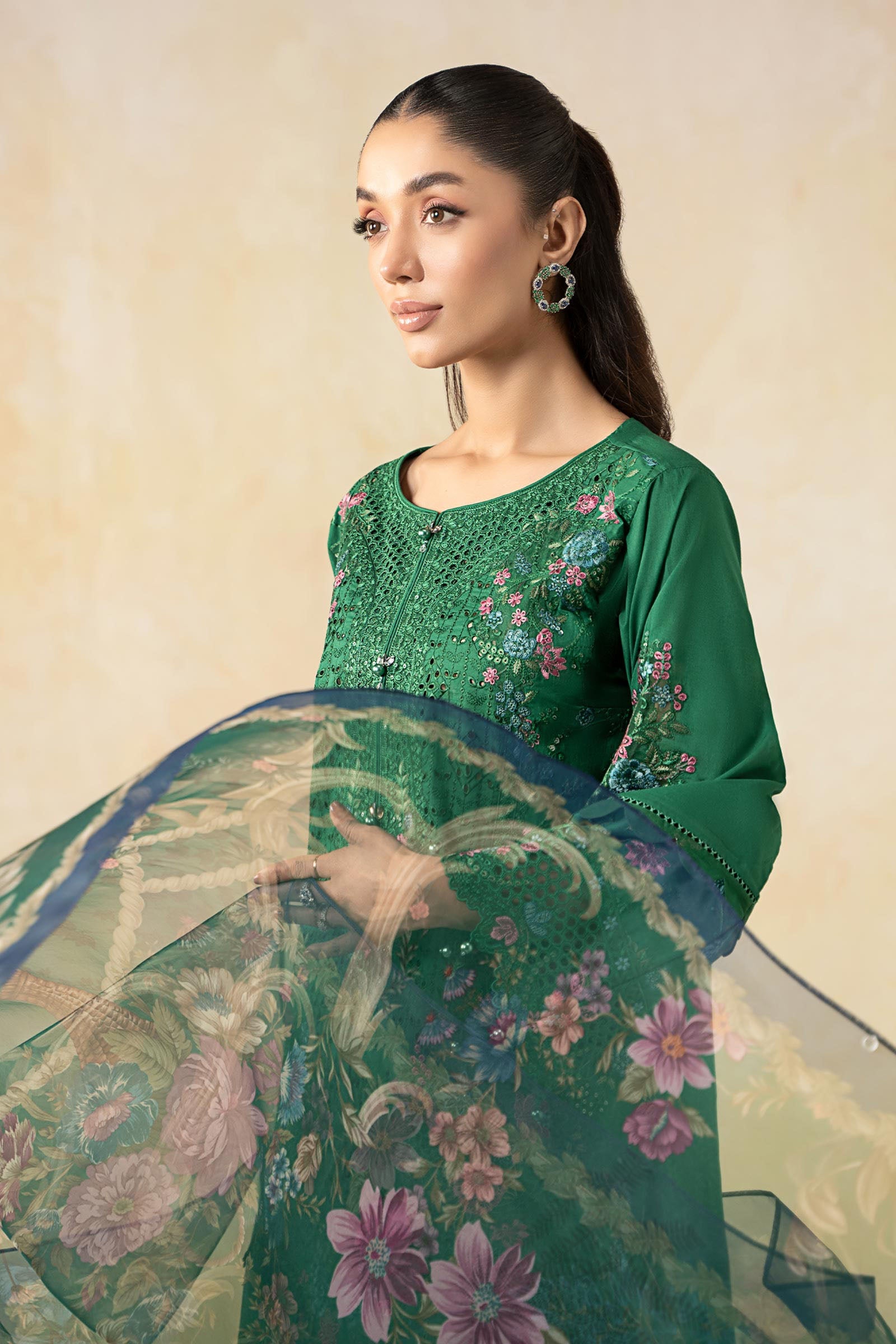 Pakistani Green Embroidered Lawn 3-Piece Suit - Image 3