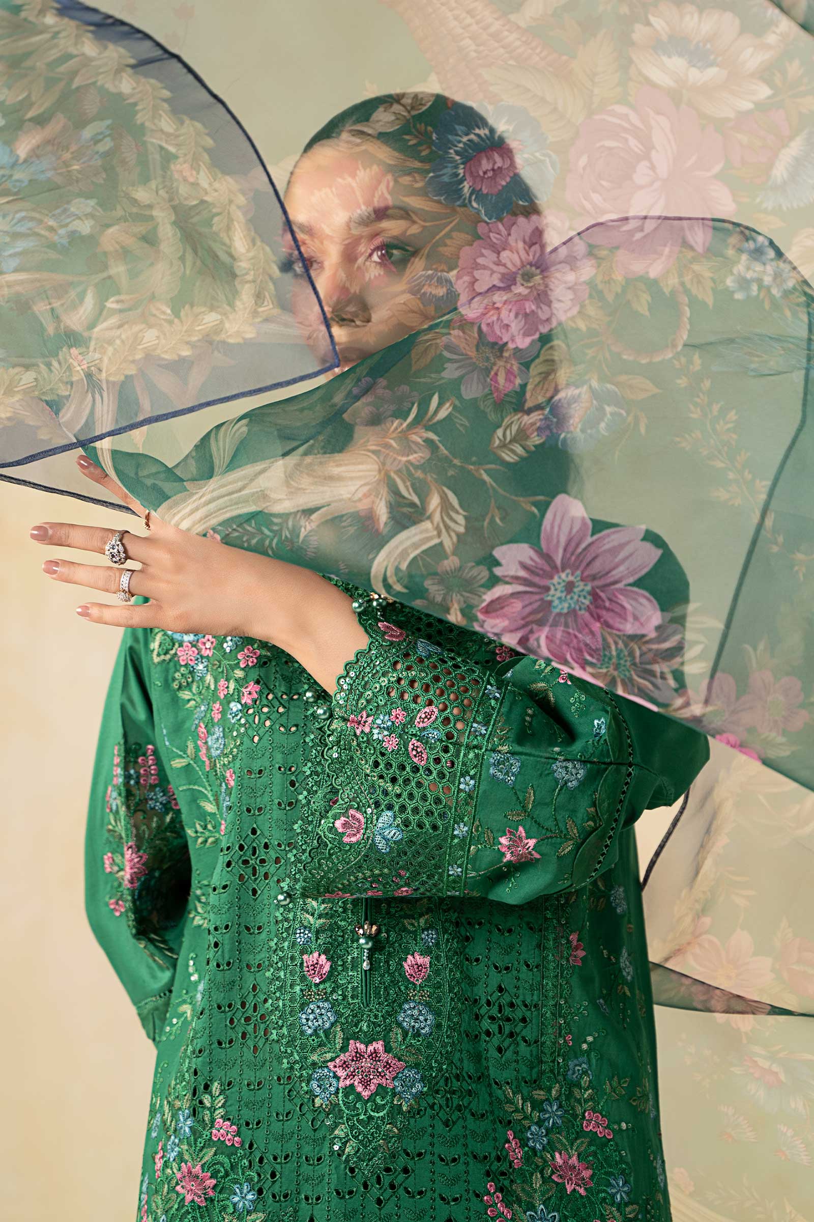 Pakistani Green Embroidered Lawn 3-Piece Suit - Image 4