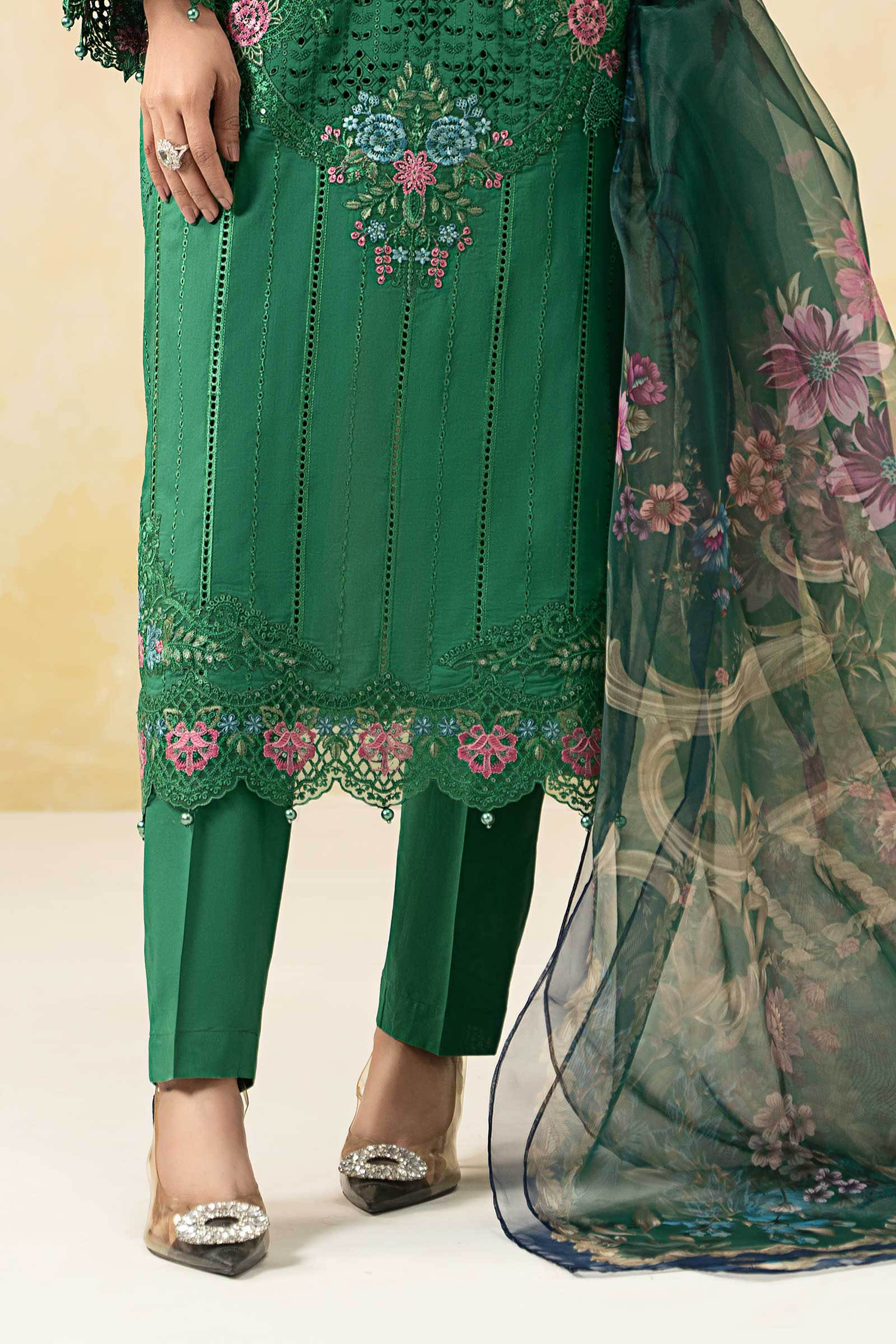 Pakistani Green Embroidered Lawn 3-Piece Suit - Image 5