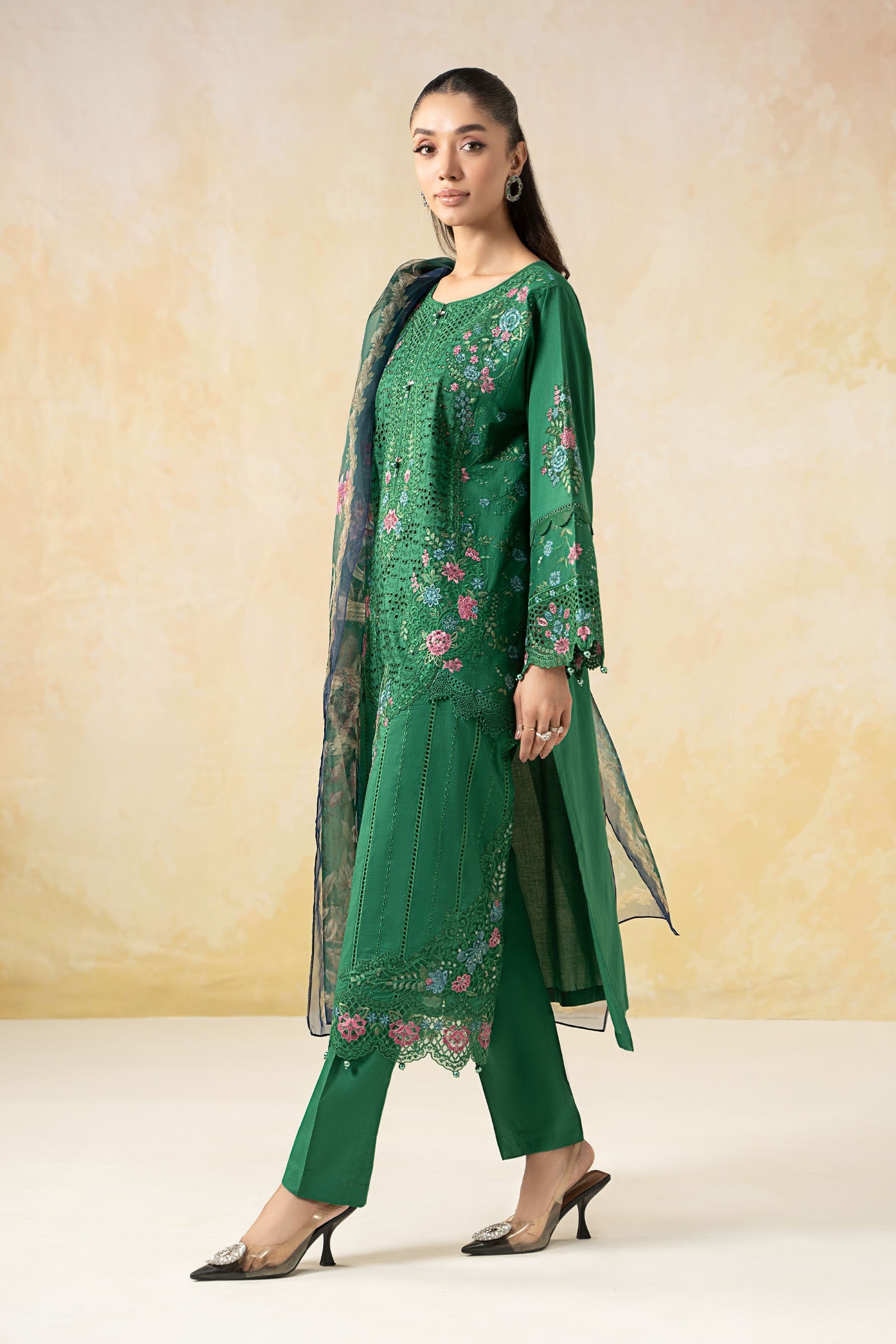Pakistani Green Embroidered Lawn 3-Piece Suit - Image 6