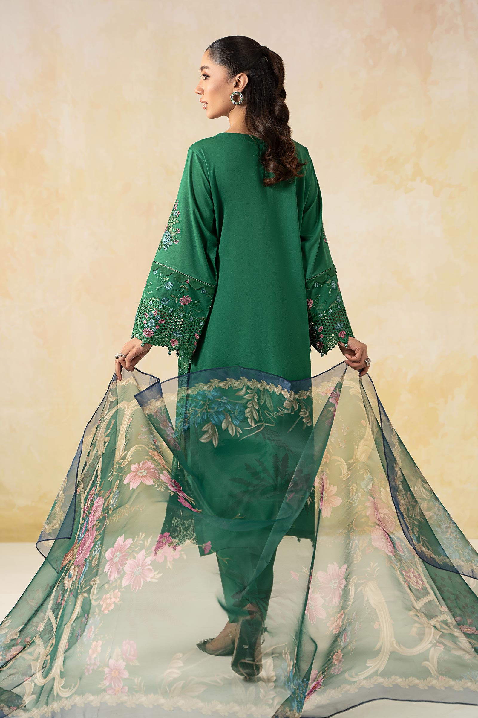 Pakistani Green Embroidered Lawn 3-Piece Suit - Image 7