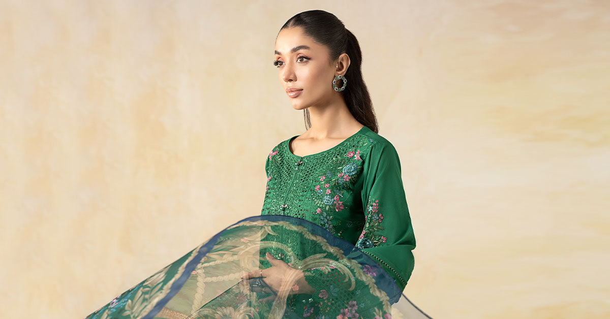 Pakistani Green Embroidered Lawn 3-Piece Suit - Image 8