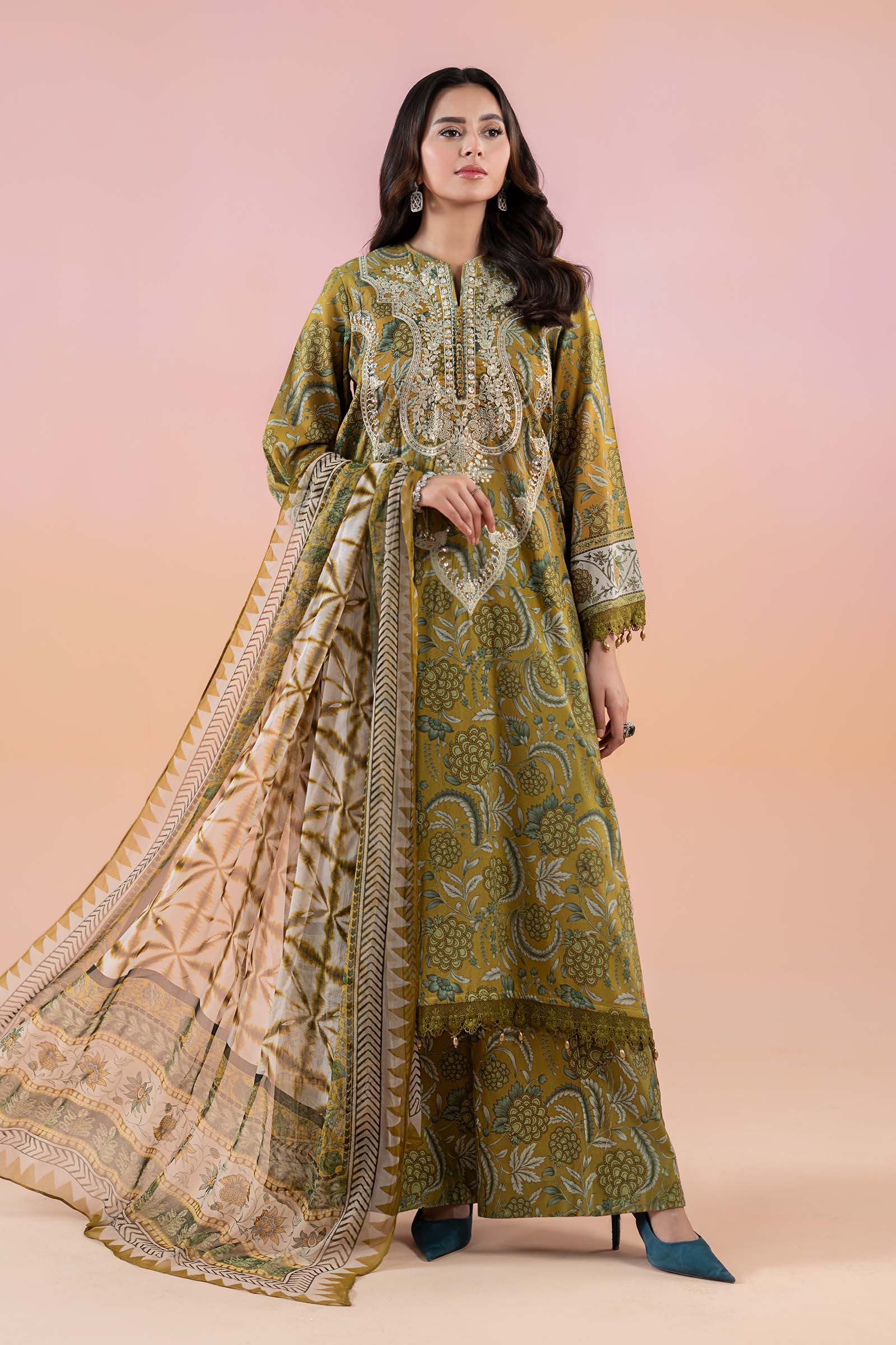 Pakistani Mustard Green Embroidered Lawn 3-Piece Suit - Image 1