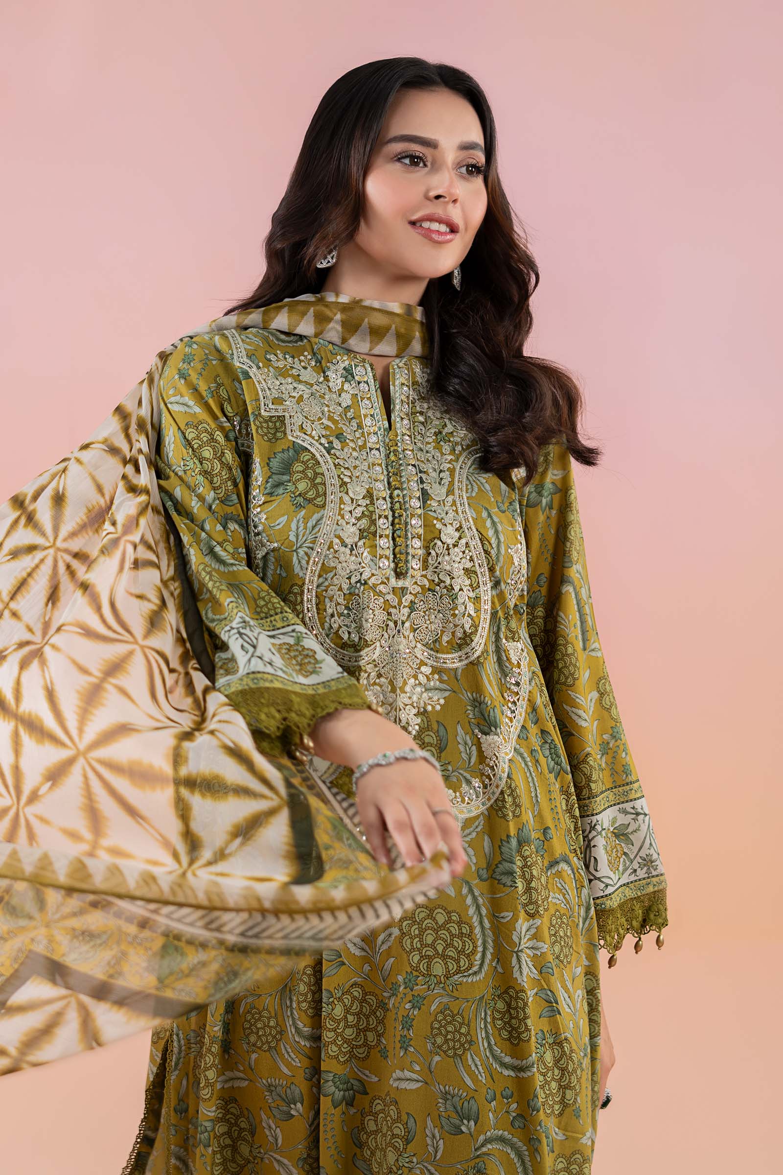 Pakistani Mustard Green Embroidered Lawn 3-Piece Suit - Image 3