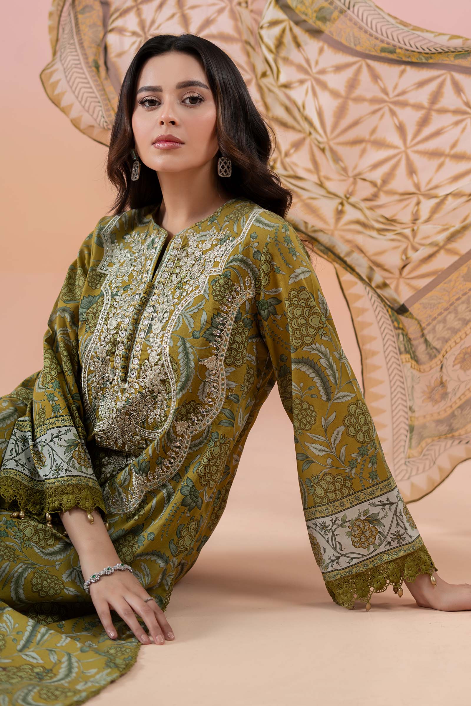 Pakistani Mustard Green Embroidered Lawn 3-Piece Suit - Image 4