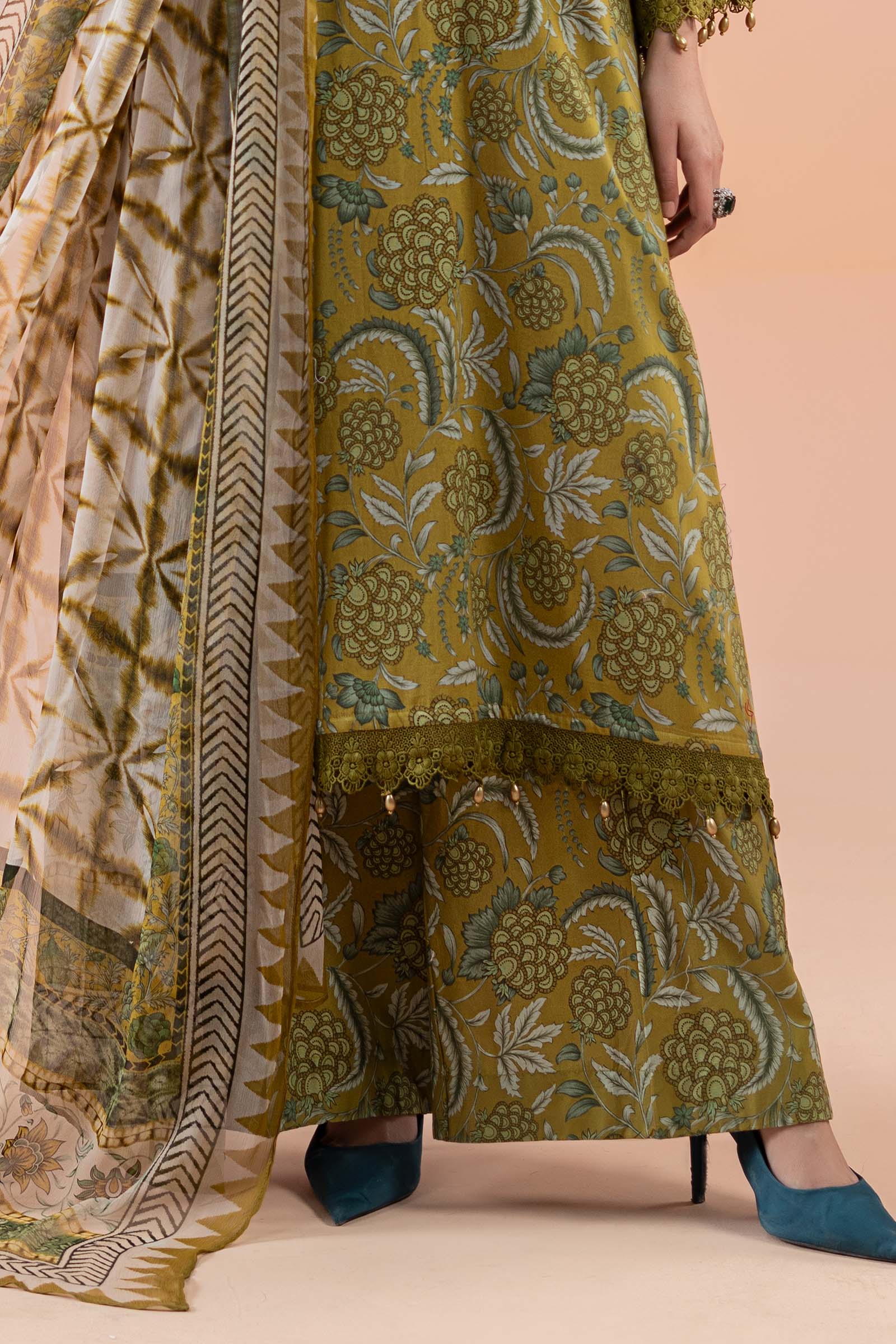 Pakistani Mustard Green Embroidered Lawn 3-Piece Suit - Image 6