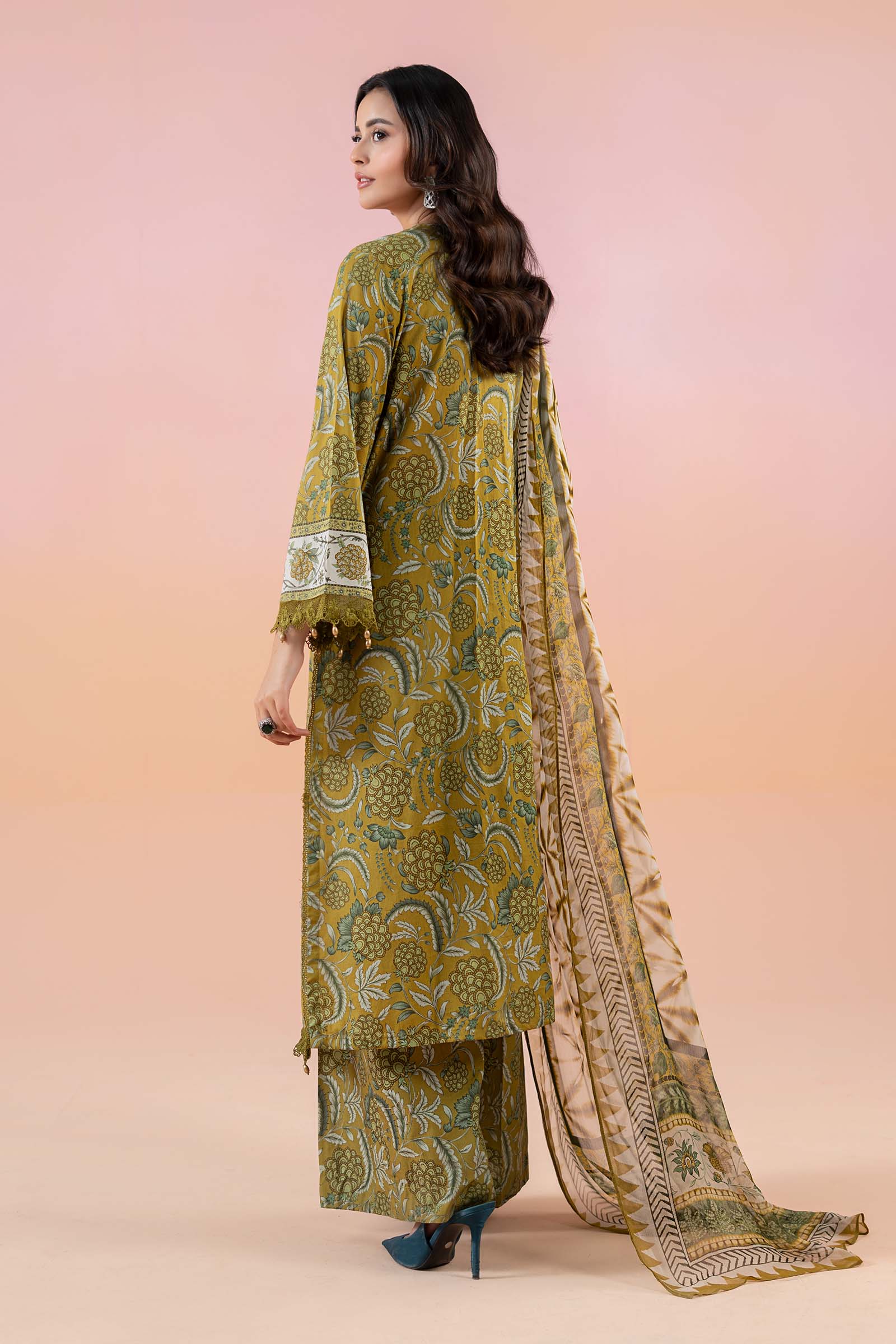 Pakistani Mustard Green Embroidered Lawn 3-Piece Suit - Image 8