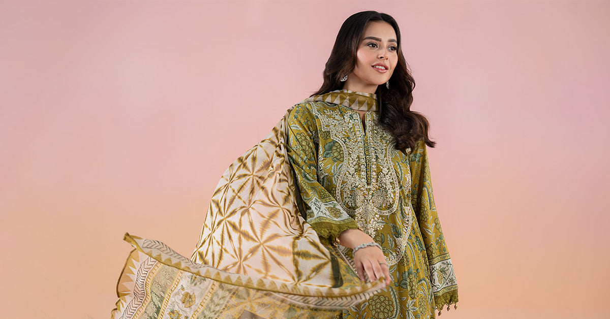 Pakistani Mustard Green Embroidered Lawn 3-Piece Suit - Image 9